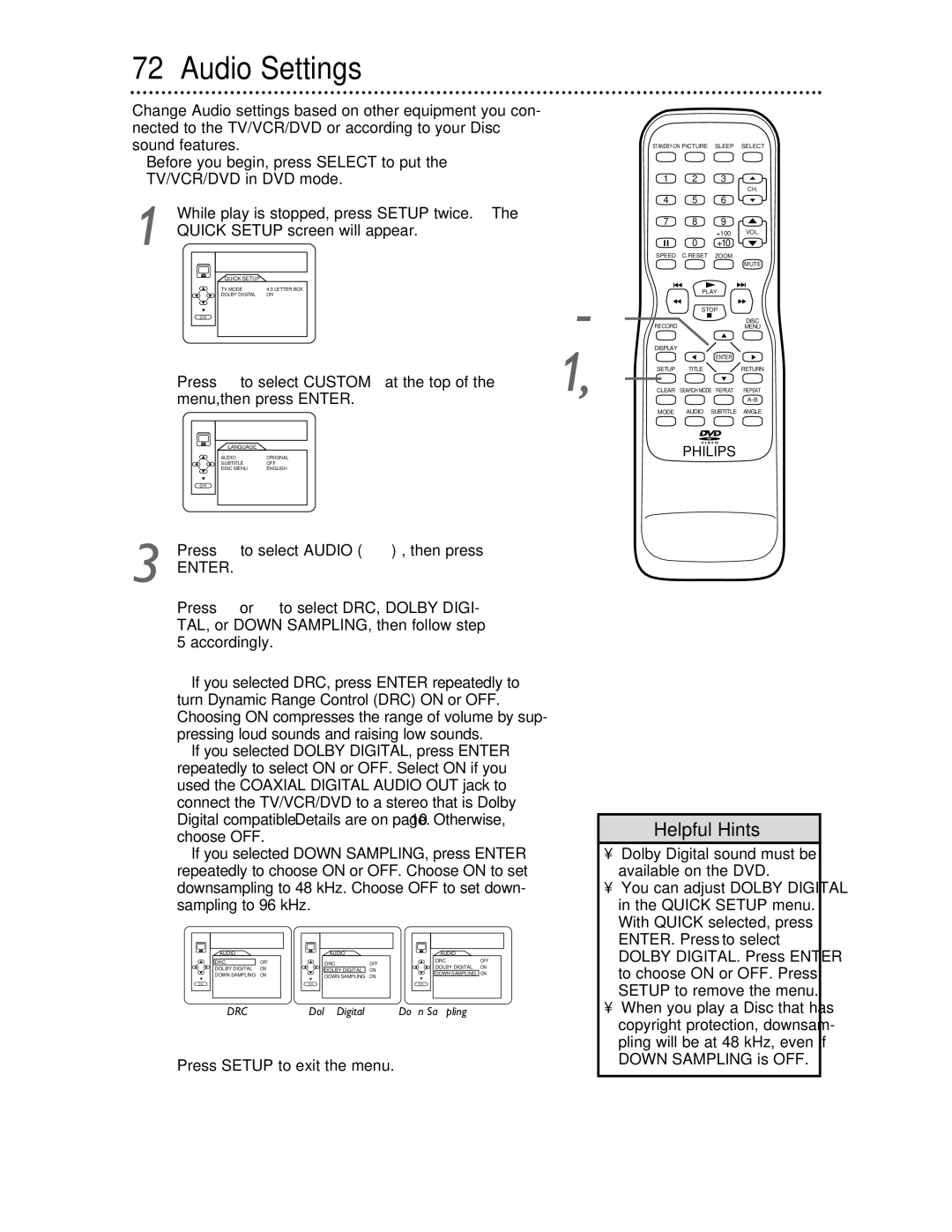 Philips 27DVCR55S Audio Settings, Press B to select Audio , then press, Dolby Digital sound must be available on the DVD 