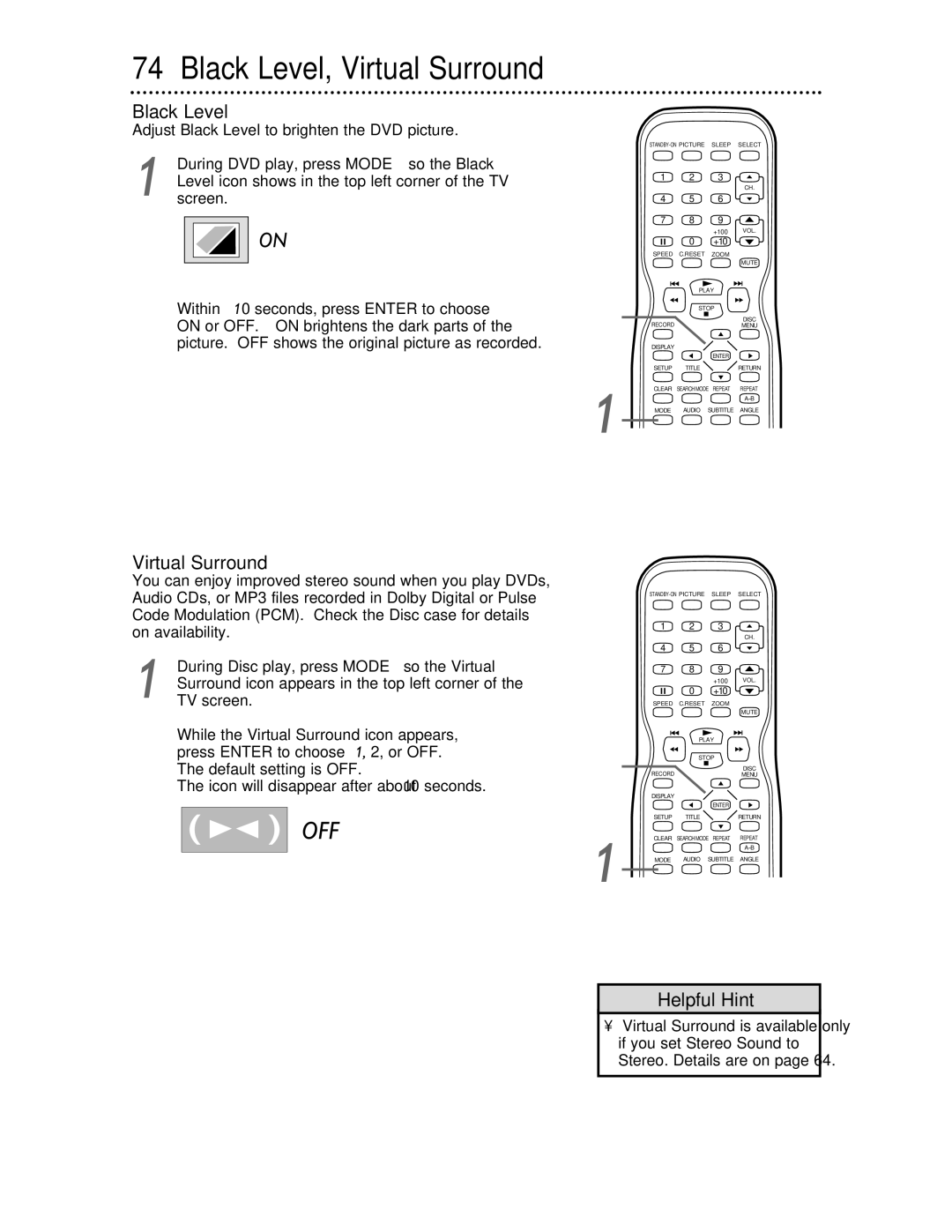 Philips 27DVCR55S owner manual Virtual Surround, Adjust Black Level to brighten the DVD picture 