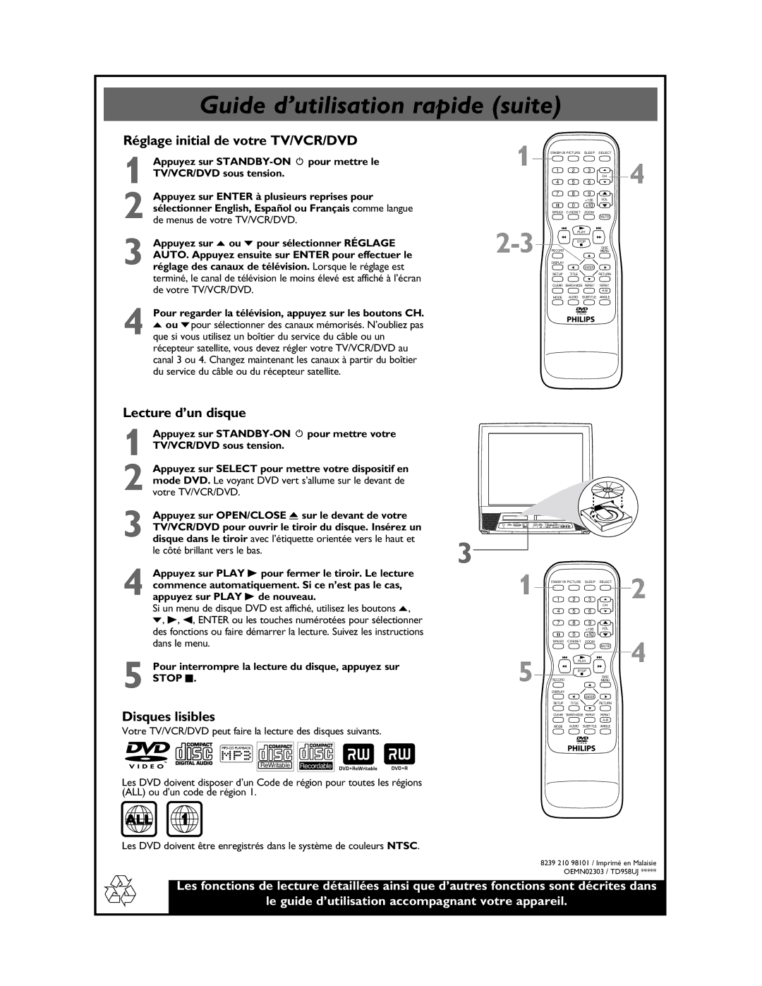 Philips 27DVCR55S manual Guide d’utilisation rapide suite, Réglage initial de votre TV/VCR/DVD, Lecture d’un disque, All 