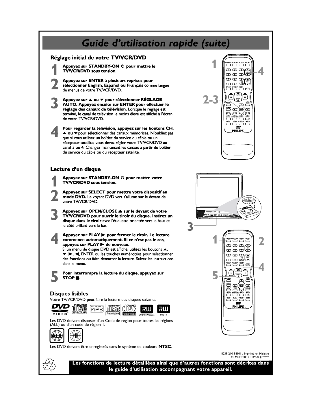 Philips 27DVCR55S manual Guide d’utilisation rapide suite, Réglage initial de votre TV/VCR/DVD, Lecture d’un disque 