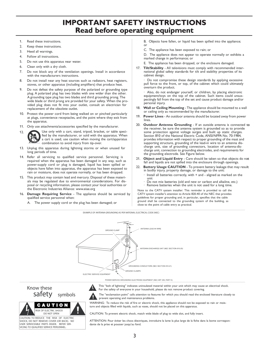 Philips 27HT7210D Know these safety symbols, IMPORTANT SAFETY INSTRUCTIONS Read before operating equipment, C A U T I O N 