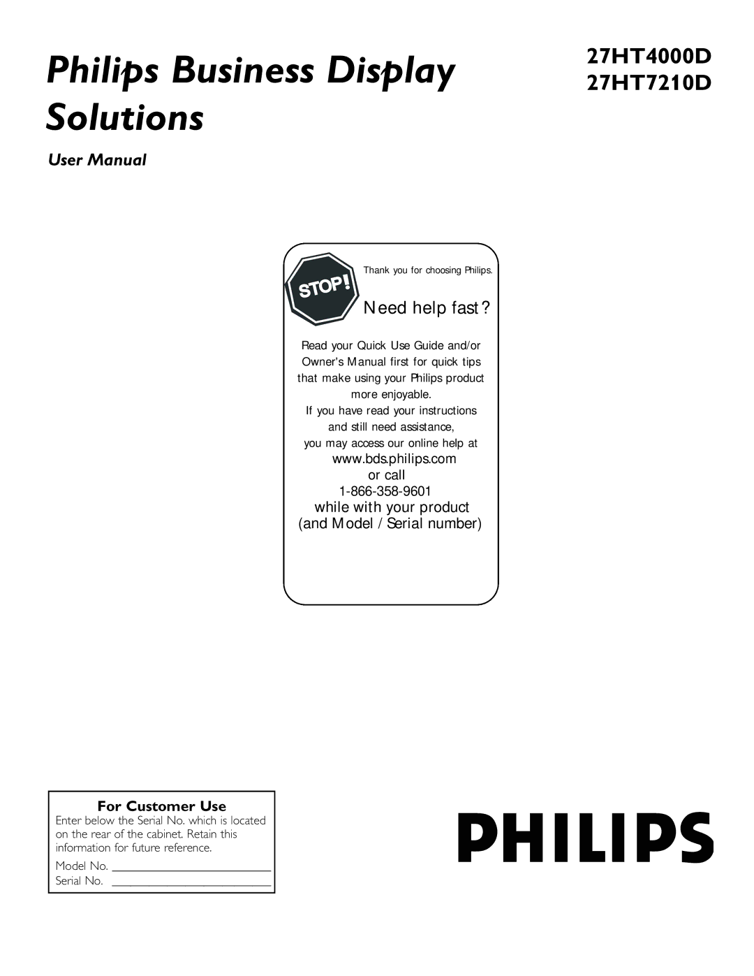 Philips 27HT7210D, 27HT4000D owner manual Philips Business Display Solutions, Model No Serial No 