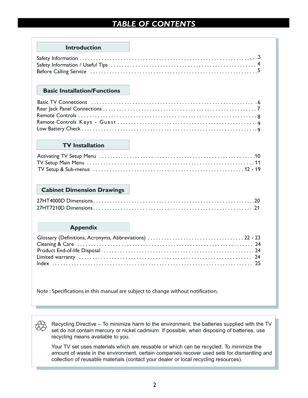 Philips 27HT4000D, 27HT7210D owner manual Table of Contents 