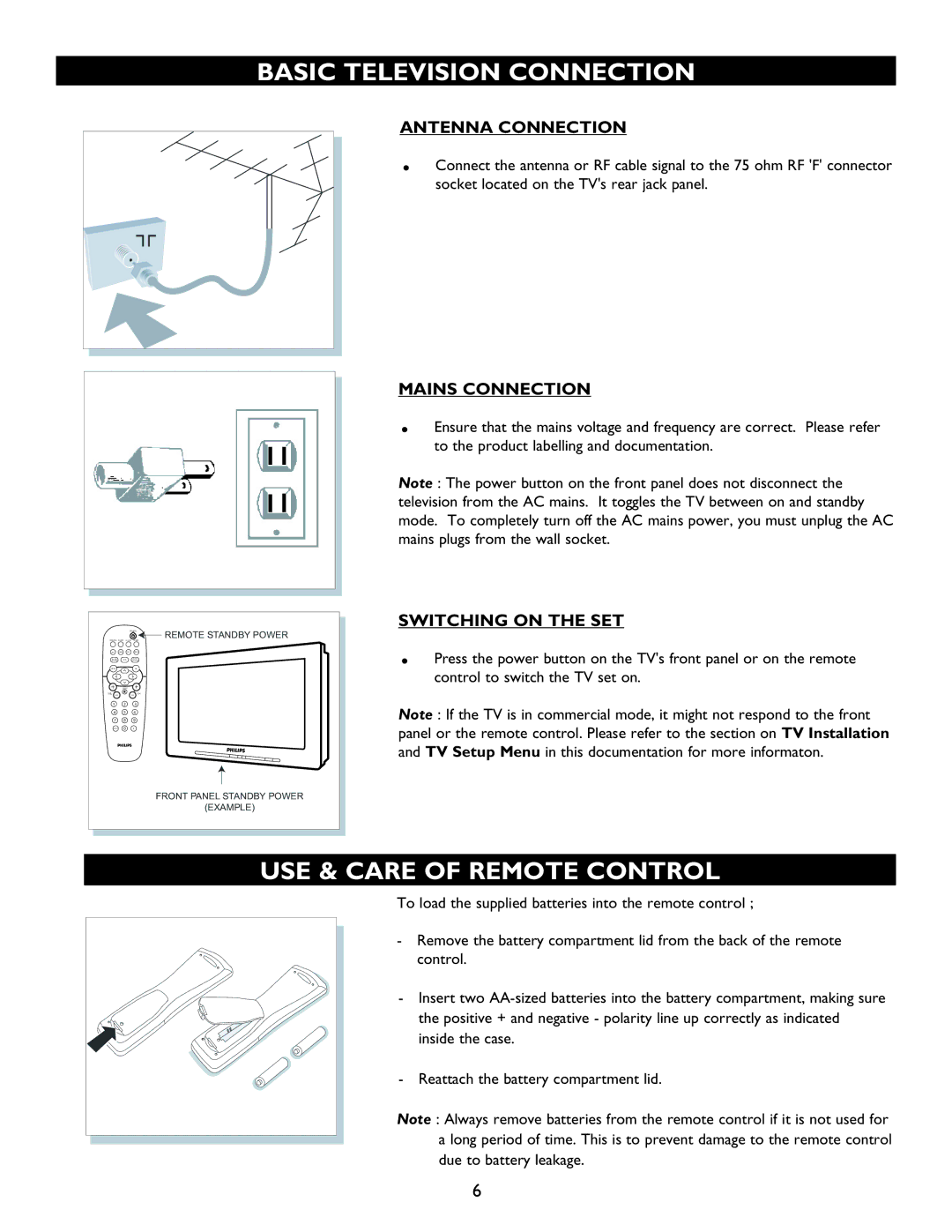 Philips 27HT4000D Basic Television Connection, USE & Care of Remote Control, Antenna Connection, Mains Connection 