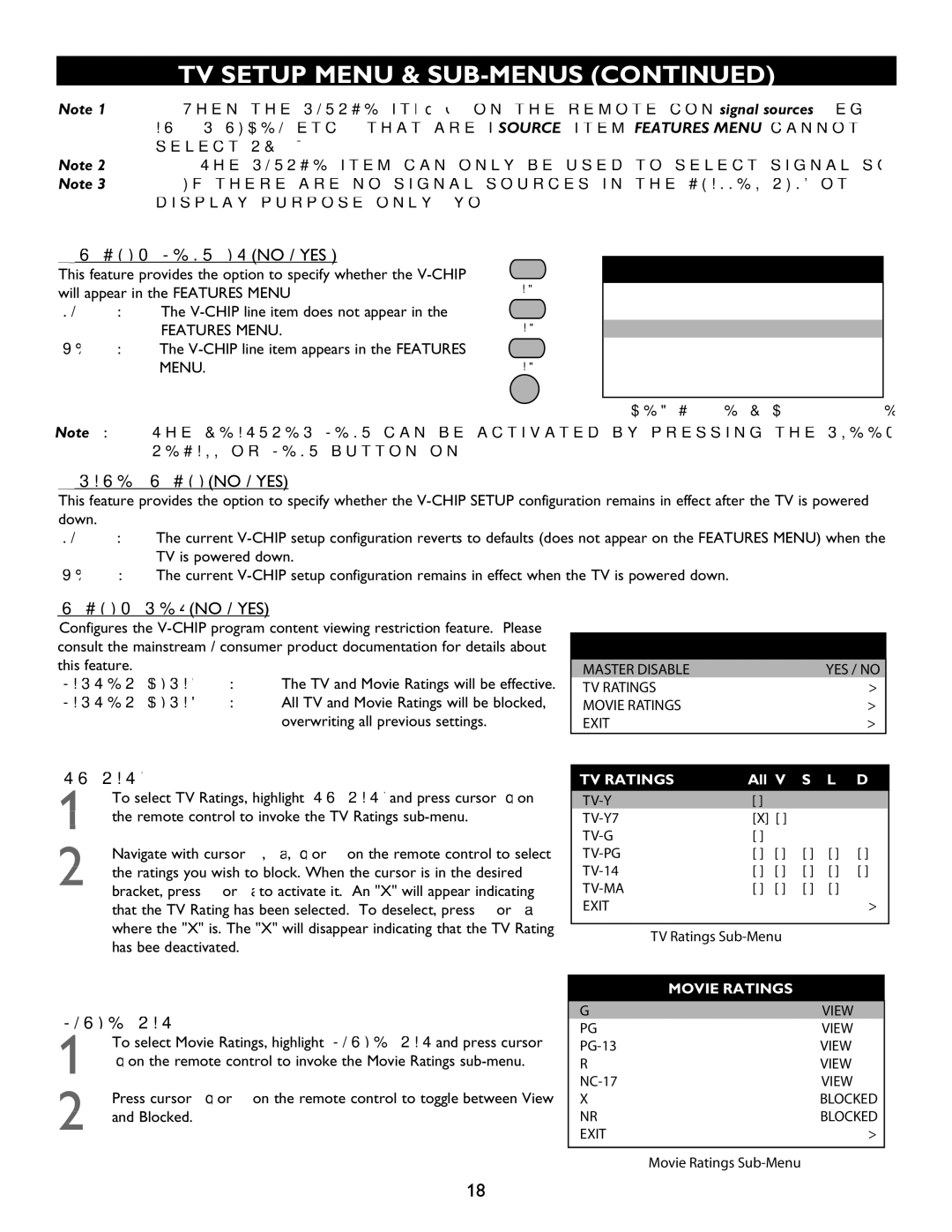 Philips 27HT4000D, 27HT7210D owner manual · V-CHIP Menu Item no / YES, · Saved V-CHIP no / YES, Chip Setup no / YES 