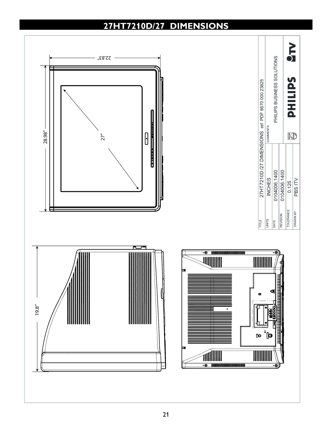 Philips 27HT4000D, 27HT7210D owner manual 27HT7210D/27 Dimensions, 19.8 28.98 22.83 