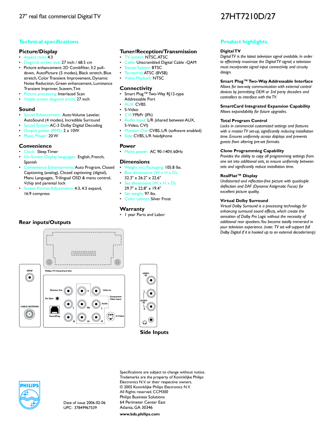 Philips 27HT7210D/27 Picture/Display, Sound, Tuner/Reception/Transmission, Connectivity, Convenience, Power, Dimensions 