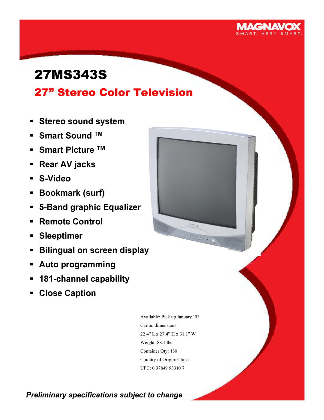 Philips 27MS343S specifications Stereo Color Television 