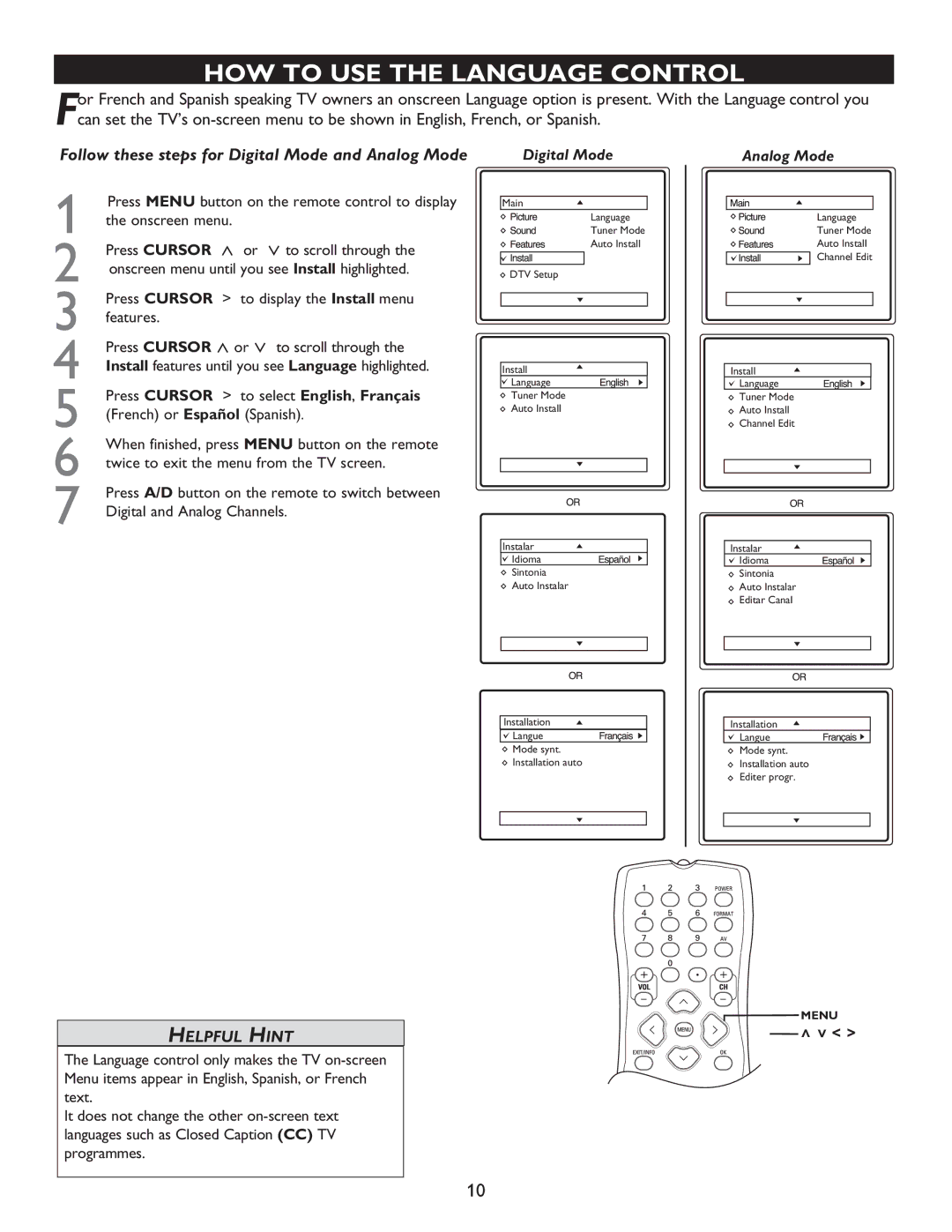 Philips 27MT5005D, 27MT6005D, 32MT5015D, 32MT6015D manual HOW to USE the Language Control, Analog Mode 