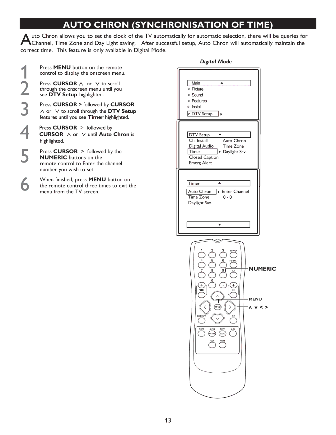 Philips 27MT5005D, 27MT6005D, 32MT5015D, 32MT6015D manual Auto Chron Synchronisation of Time 