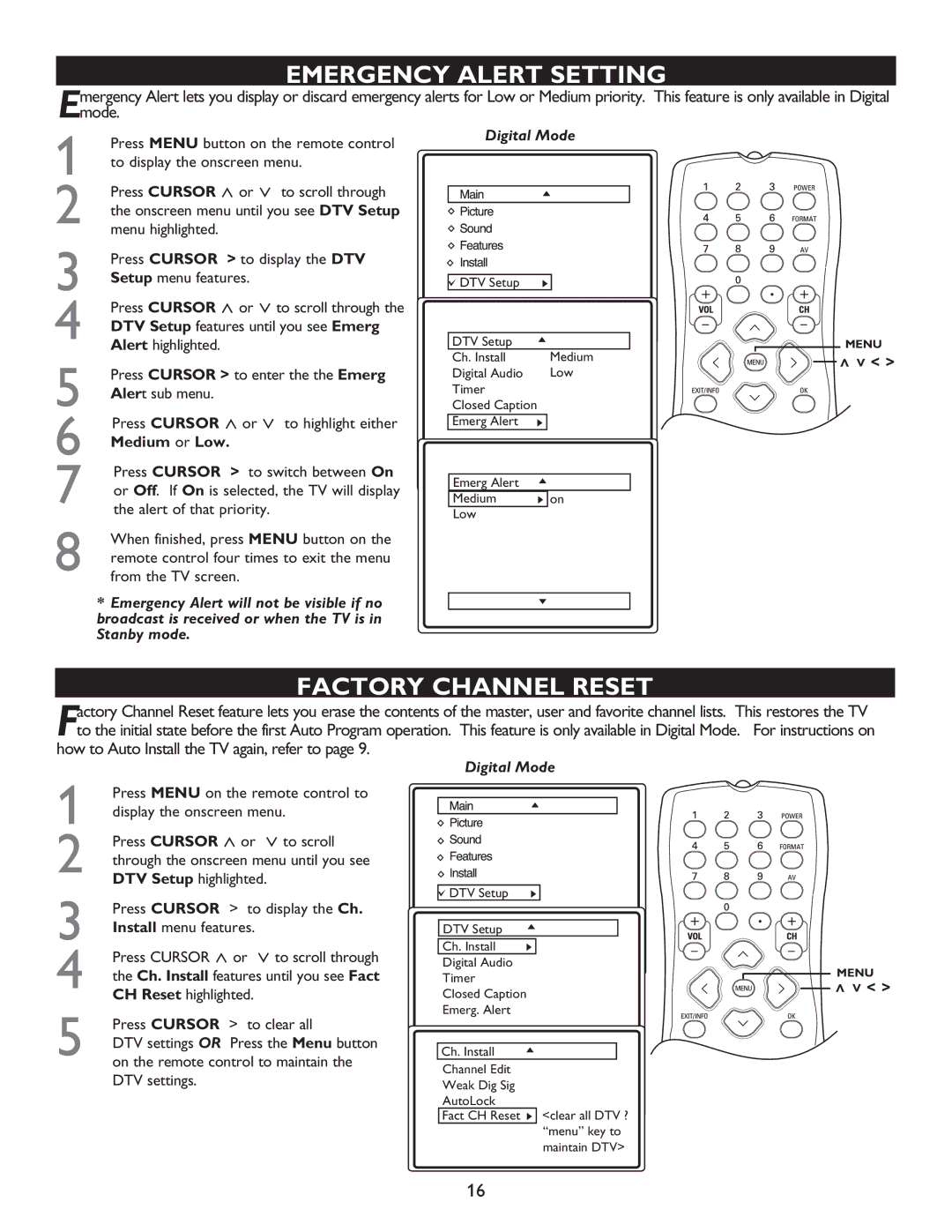 Philips 27MT5005D, 27MT6005D, 32MT5015D, 32MT6015D manual Emergency Alert Setting, Factory Channel Reset, Medium or Low 