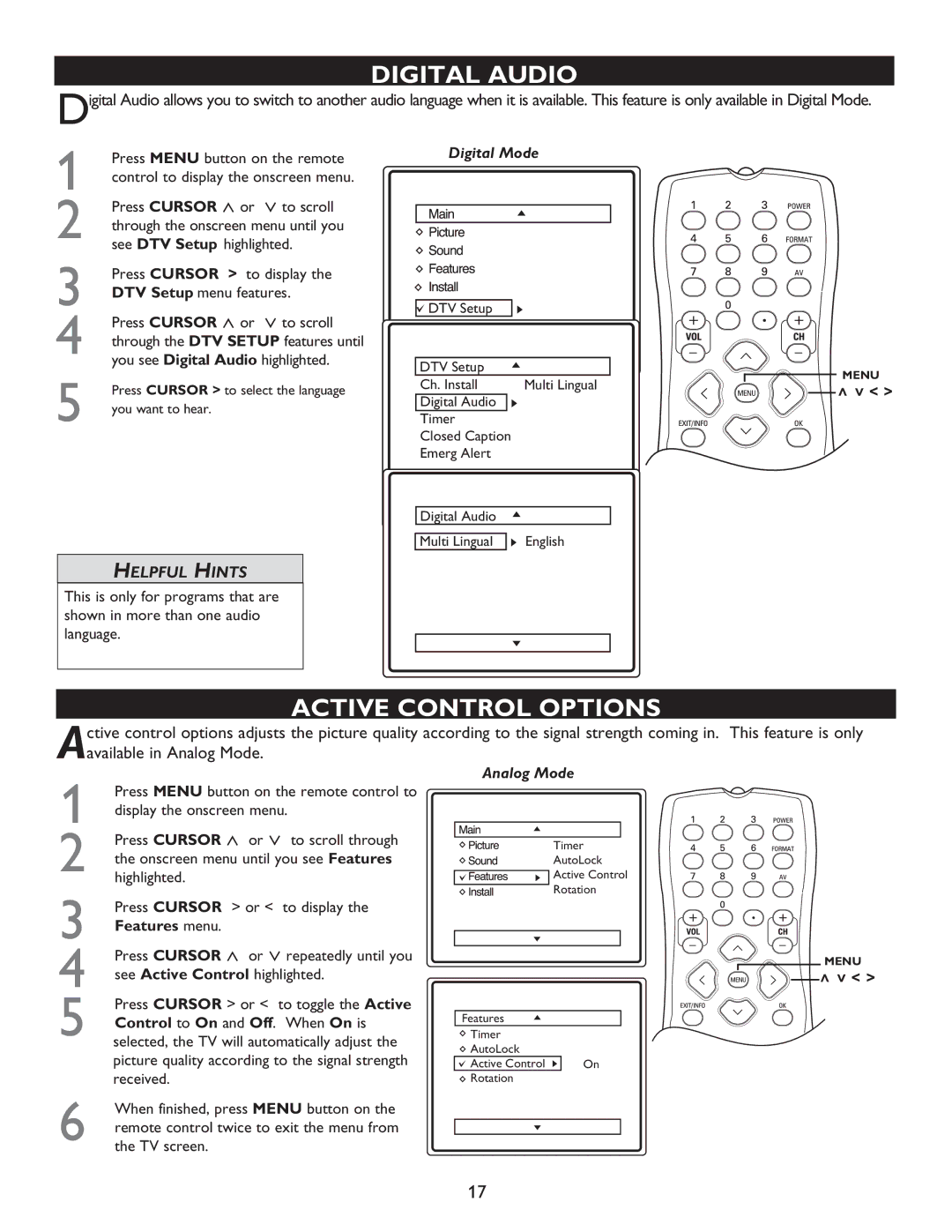 Philips 27MT5005D, 27MT6005D, 32MT5015D, 32MT6015D manual Digital Audio, Active Control Options, Features menu 