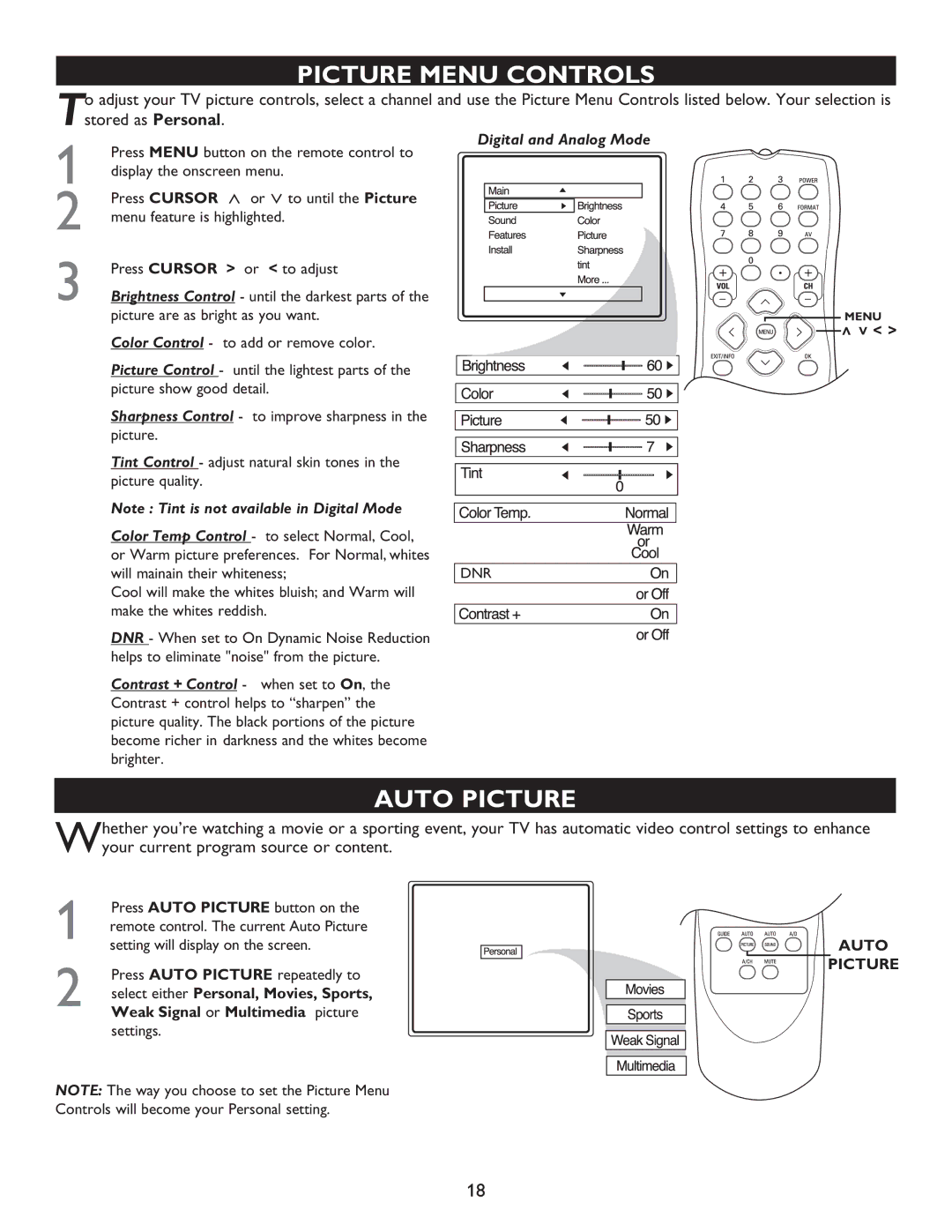 Philips 27MT5005D, 27MT6005D, 32MT5015D, 32MT6015D manual Picture Menu Controls, Auto Picture, Digital and Analog Mode 