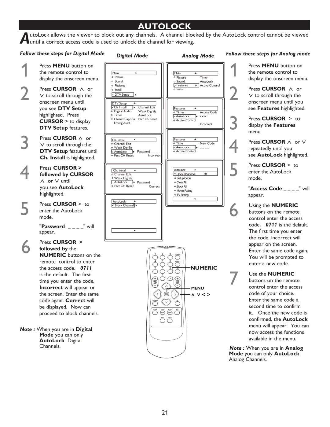 Philips 27MT5005D, 27MT6005D, 32MT5015D, 32MT6015D manual Autolock, Follow these steps for Digital Mode 