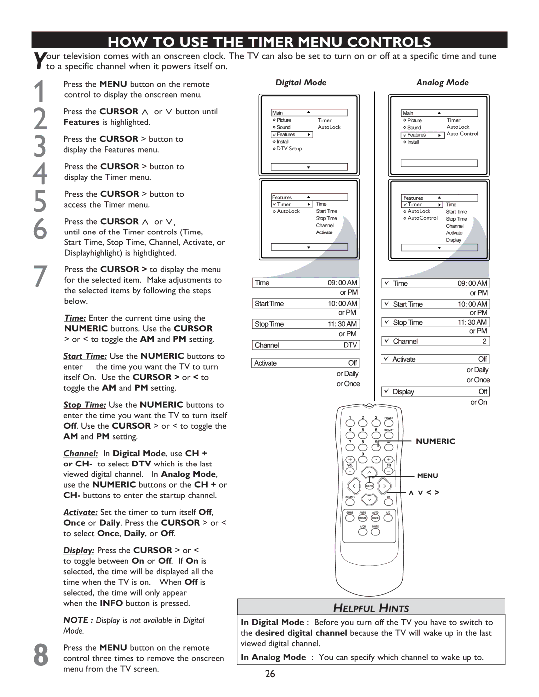 Philips 27MT5005D, 27MT6005D, 32MT5015D, 32MT6015D HOW to USE the Timer Menu Controls, Channel In Digital Mode, use CH + 