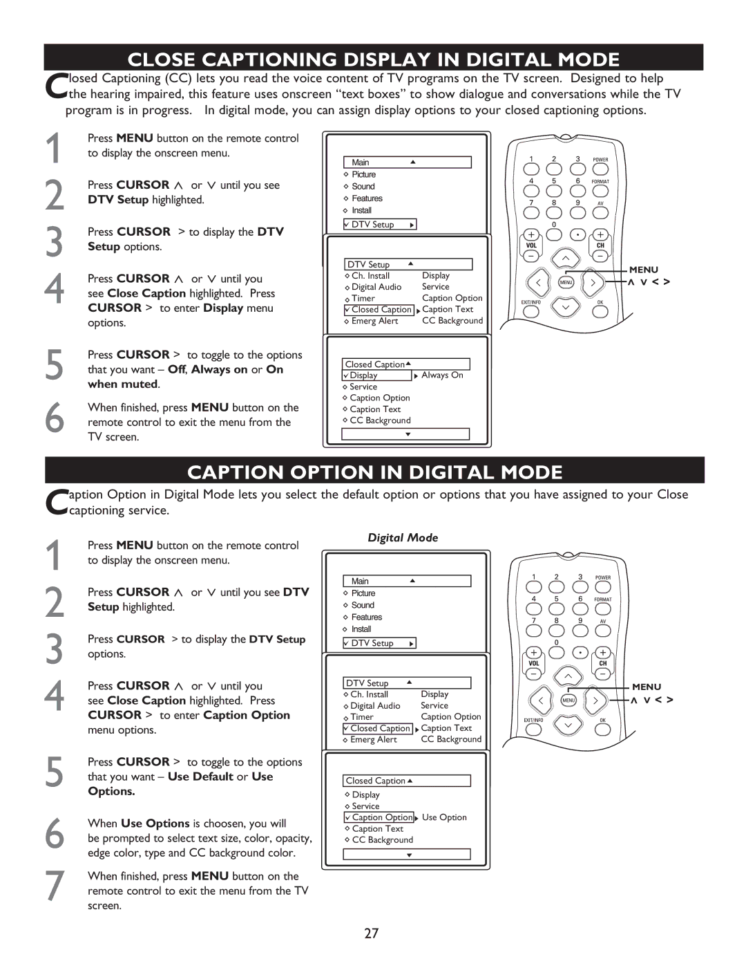 Philips 27MT5005D, 27MT6005D, 32MT5015D, 32MT6015D manual Close Captioning Display in Digital Mode 