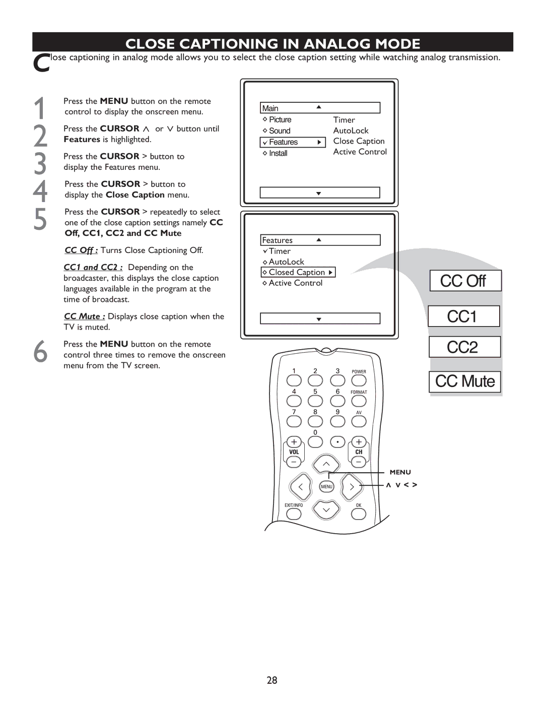 Philips 27MT5005D, 27MT6005D, 32MT5015D, 32MT6015D manual Close Captioning in Analog Mode, Off, CC1, CC2 and CC Mute 