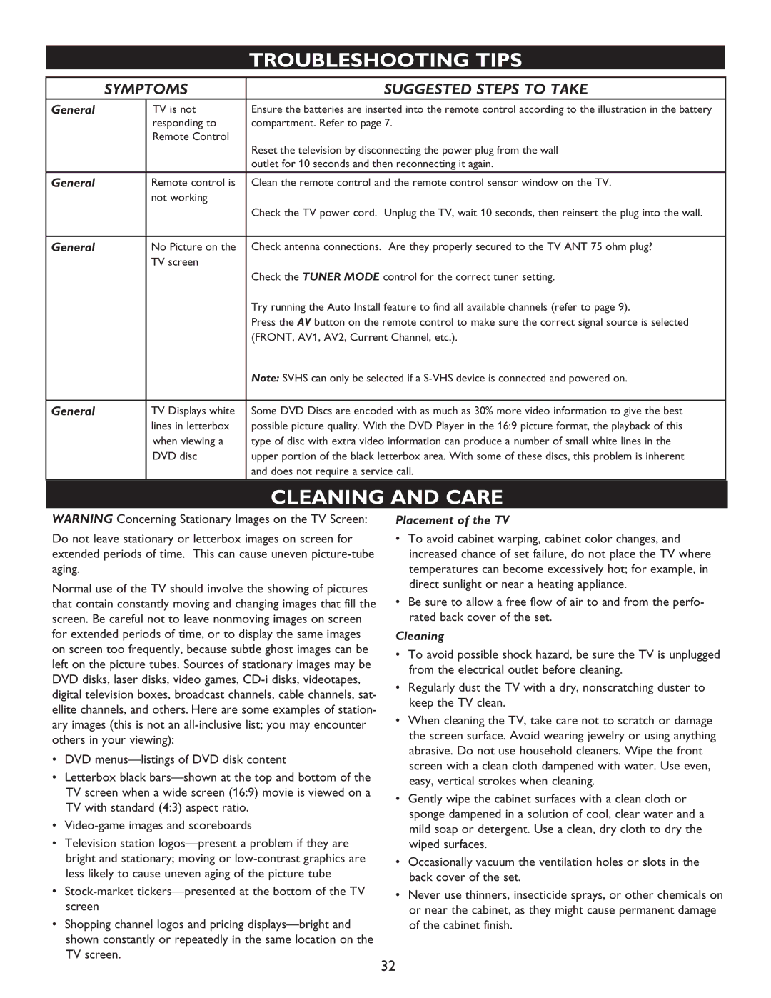 Philips 27MT5005D, 27MT6005D, 32MT5015D, 32MT6015D manual Cleaning and Care, Placement of the TV 