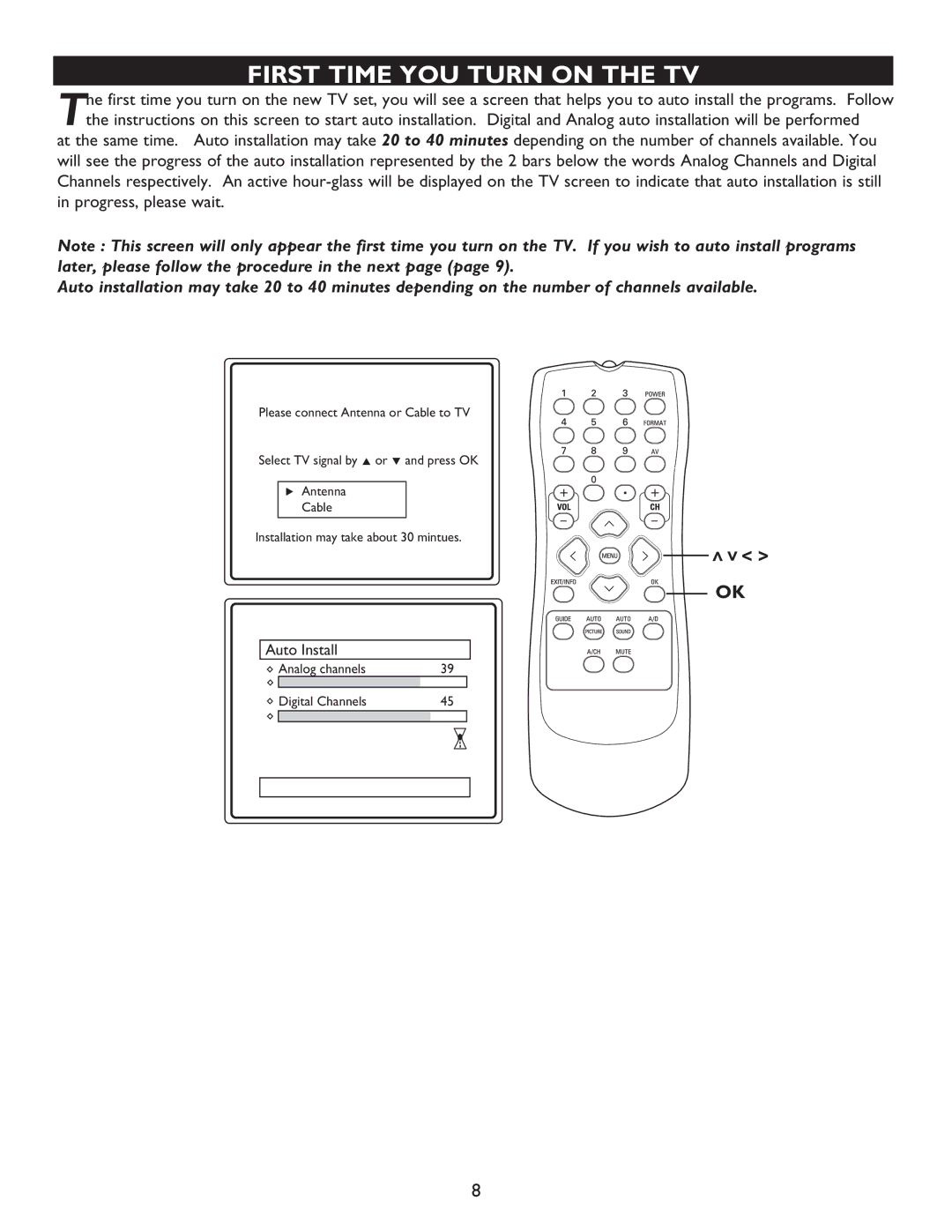 Philips 27MT5005D, 27MT6005D, 32MT5015D, 32MT6015D manual First Time YOU Turn on the TV 