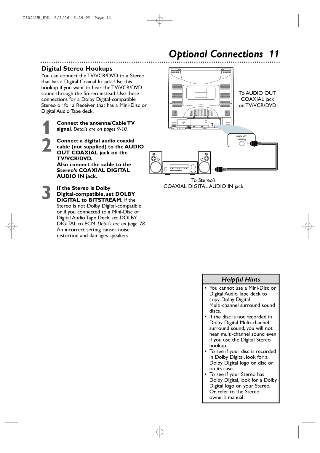 Philips 27PC4326 user manual Optional Connections, Digital Stereo Hookups, To Audio OUT Coaxial jack On TV/VCR/DVD 