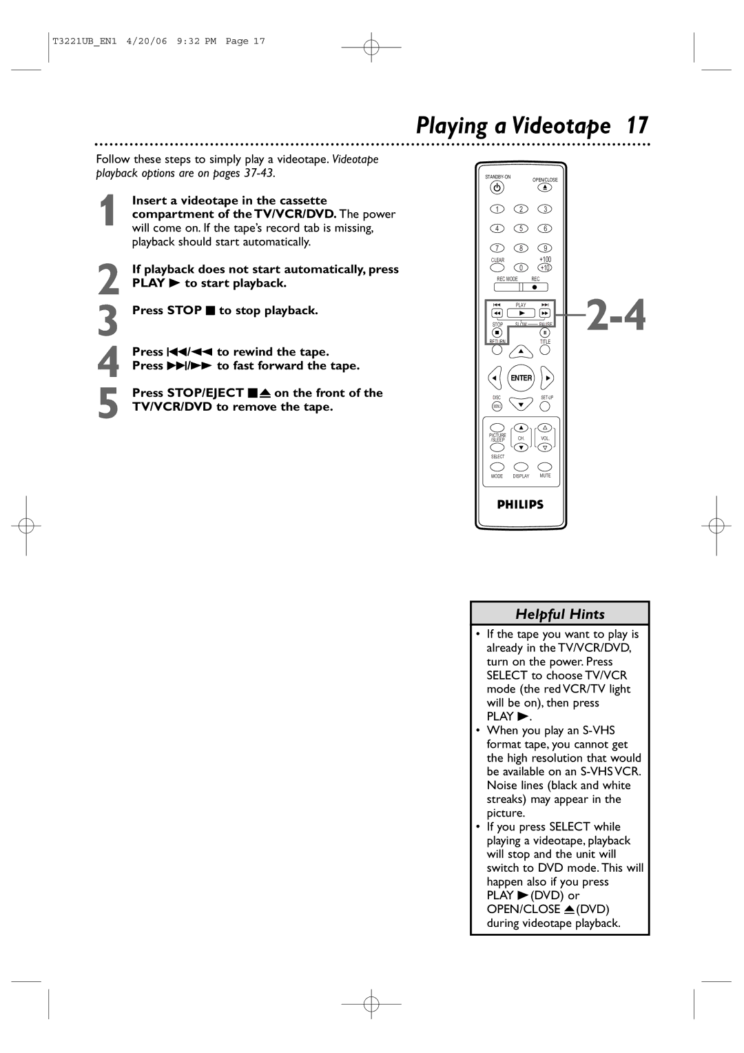 Philips 27PC4326 user manual Playing a Videotape, Play B 