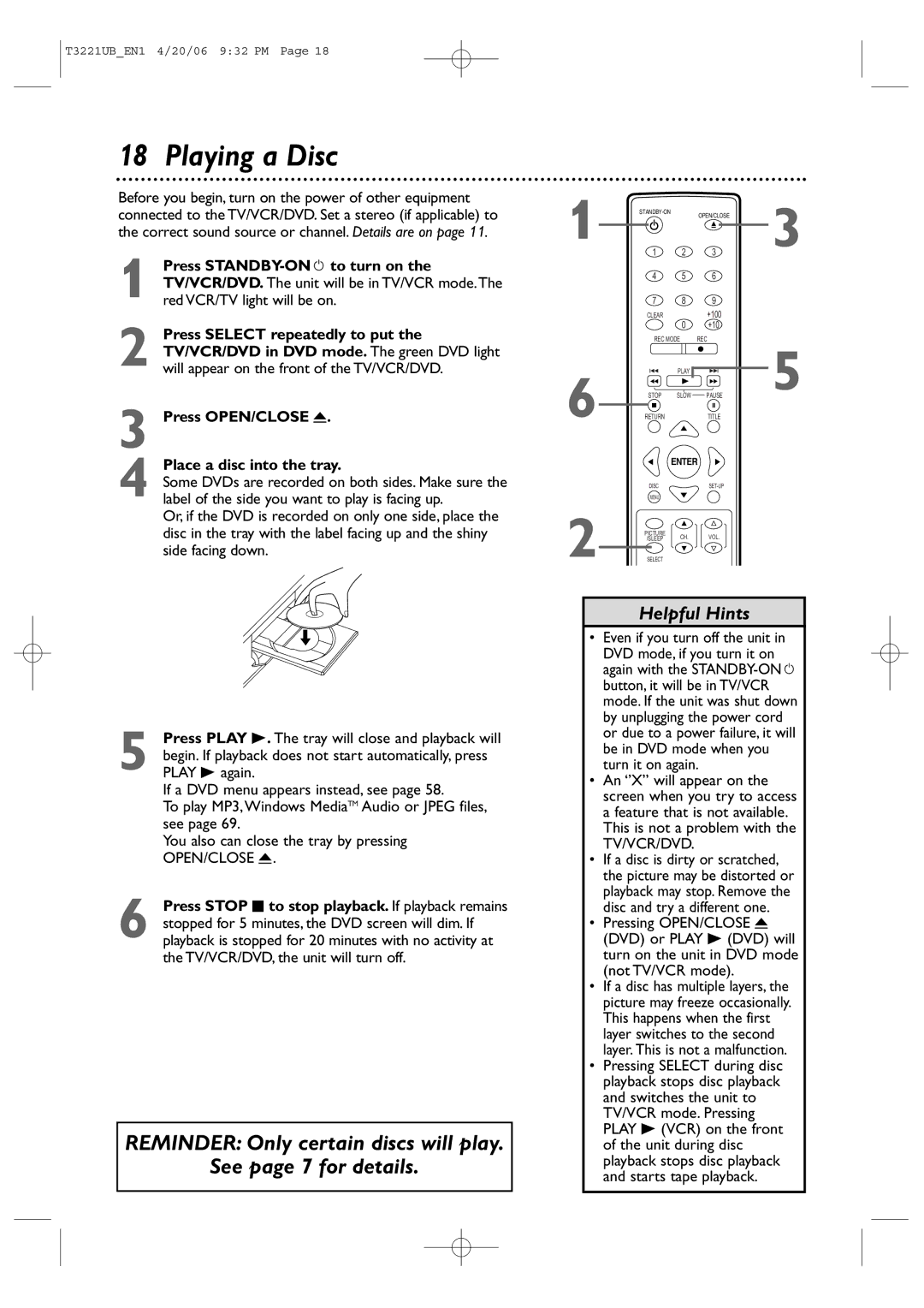 Philips 27PC4326 user manual Playing a Disc, Place a disc into the tray 