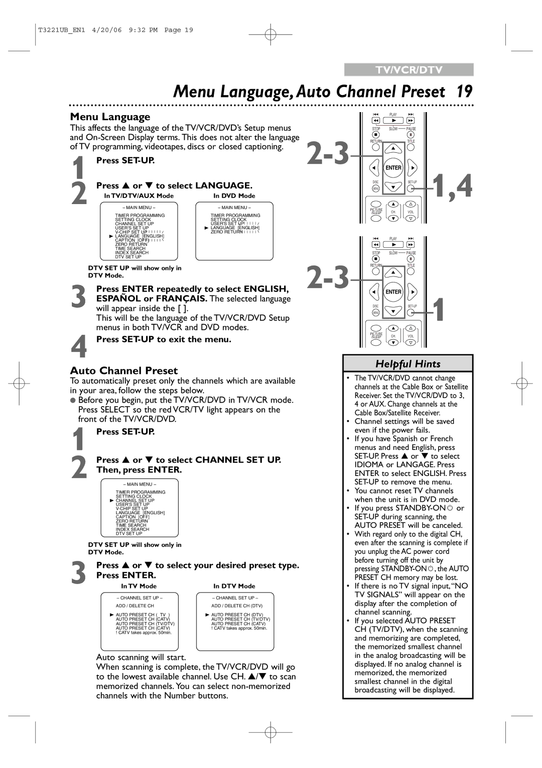 Philips 27PC4326 user manual Menu Language, Auto Channel Preset, If you have Spanish or French 