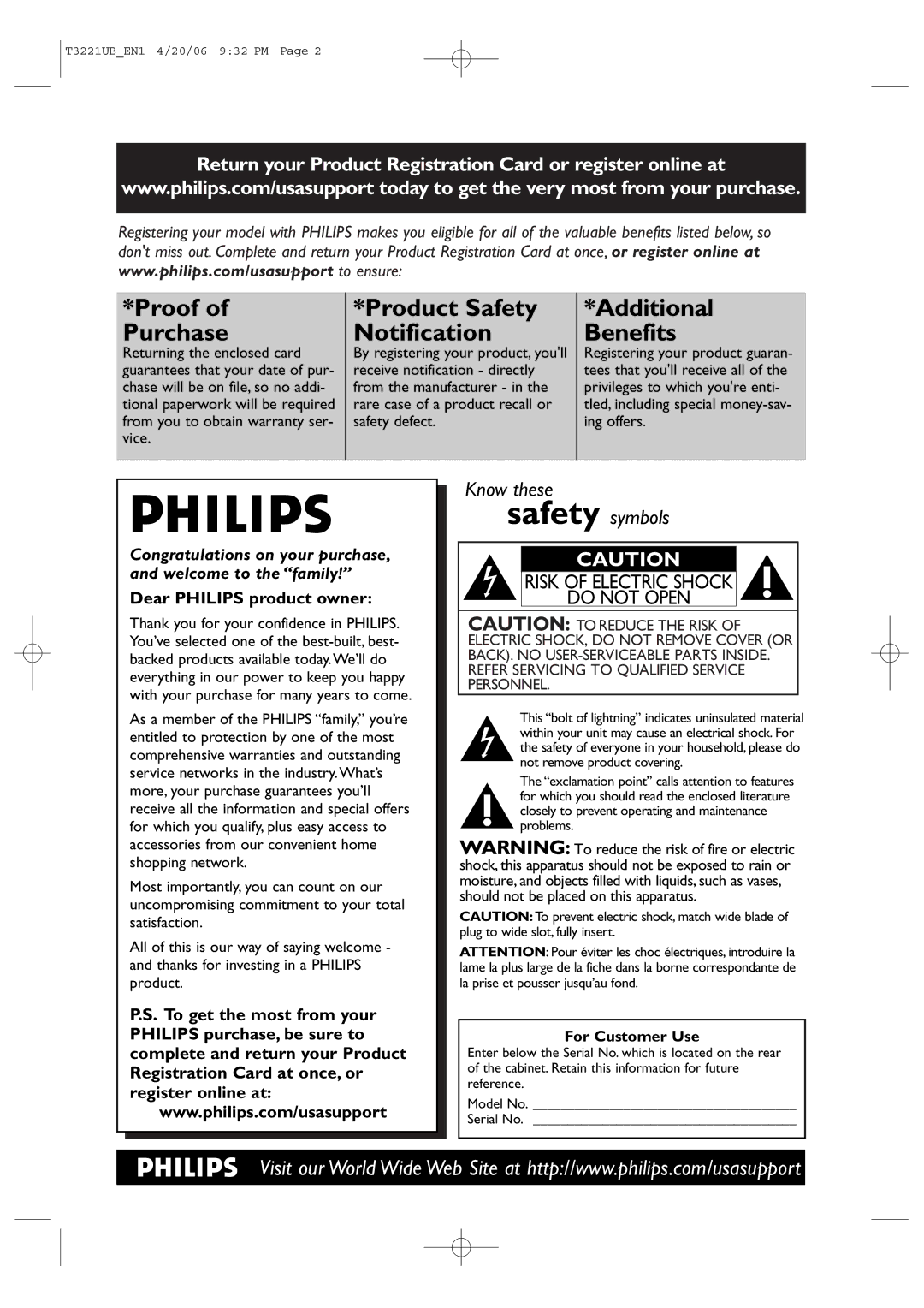 Philips 27PC4326 user manual Proof of Purchase, For Customer Use 