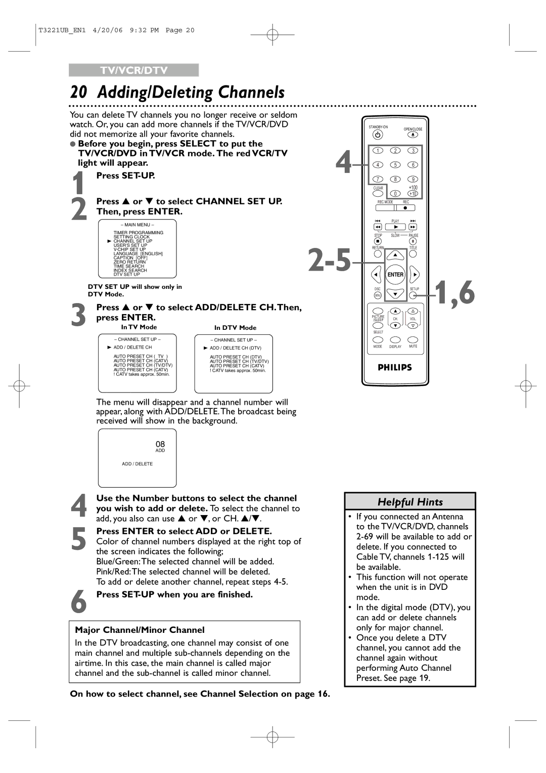 Philips 27PC4326 user manual Adding/Deleting Channels, Press or to select Channel SET UP, Then, press Enter 