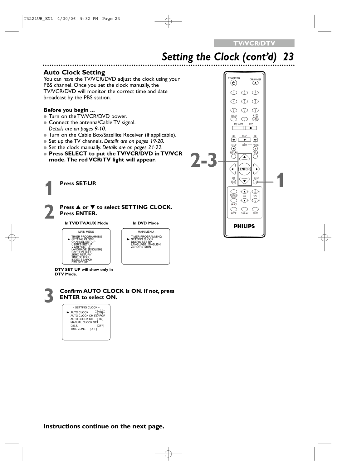 Philips 27PC4326 user manual Auto Clock Setting, Before you begin, Press Select to put the TV/VCR/DVD in TV/VCR 