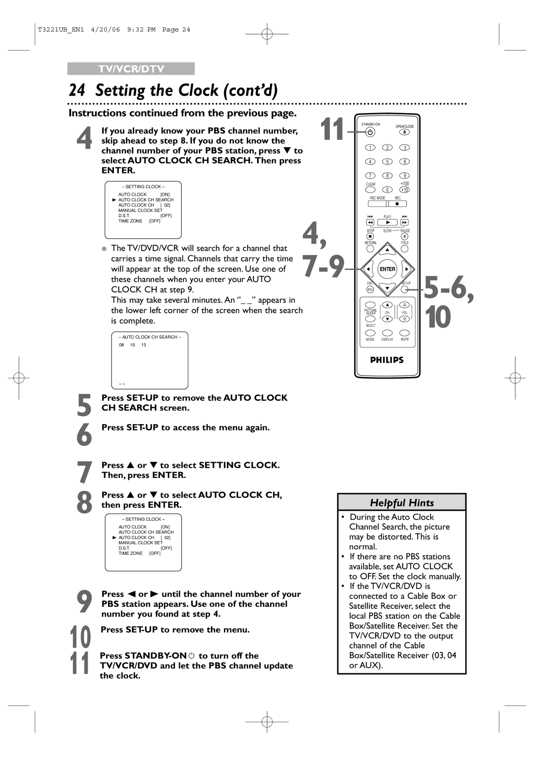 Philips 27PC4326 user manual Press SET-UP to remove the Auto Clock, CH Search screen, Press SET-UP to access the menu again 