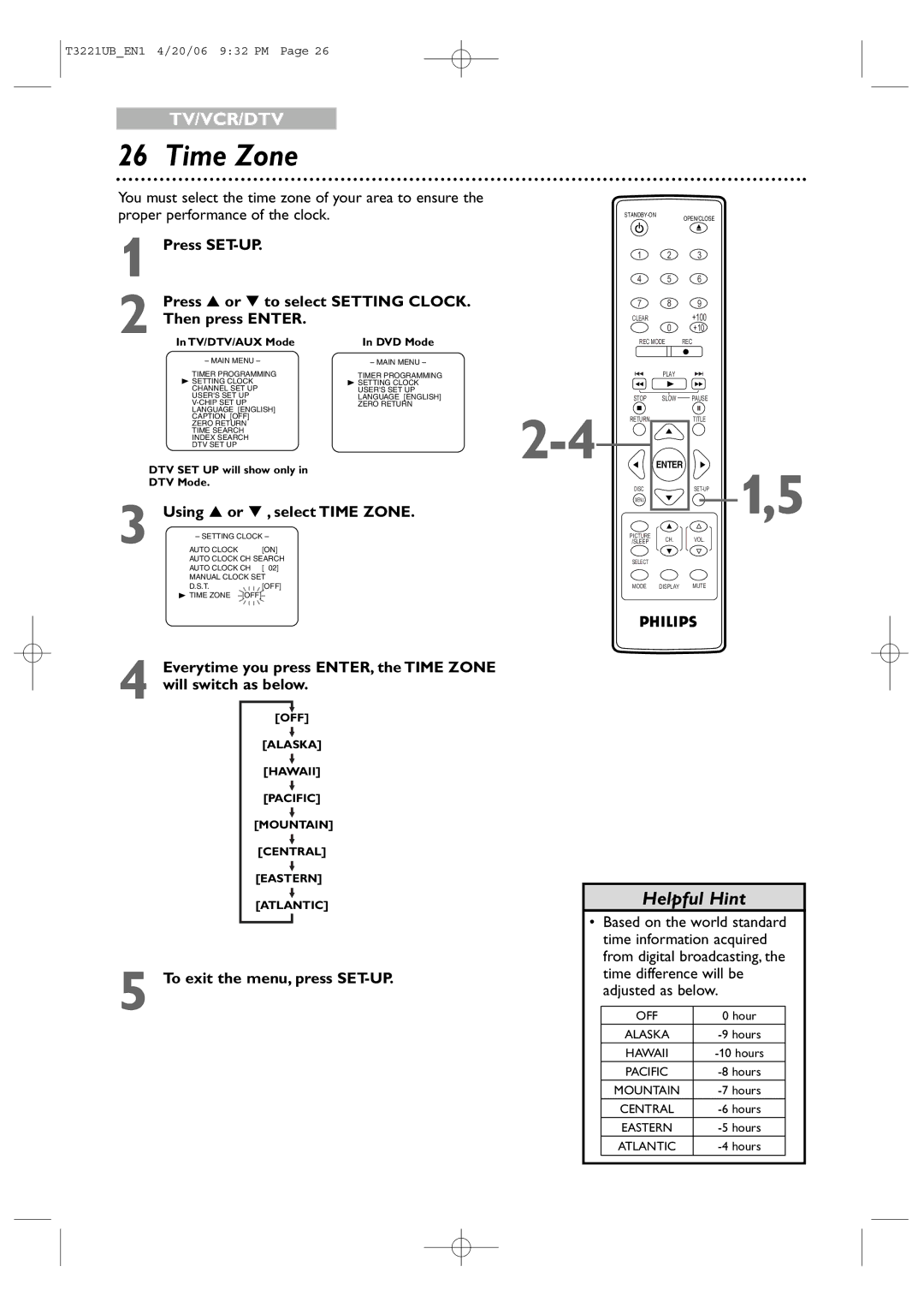 Philips 27PC4326 Proper performance of the clock, Using or , select Time Zone, To exit the menu, press SET-UP 