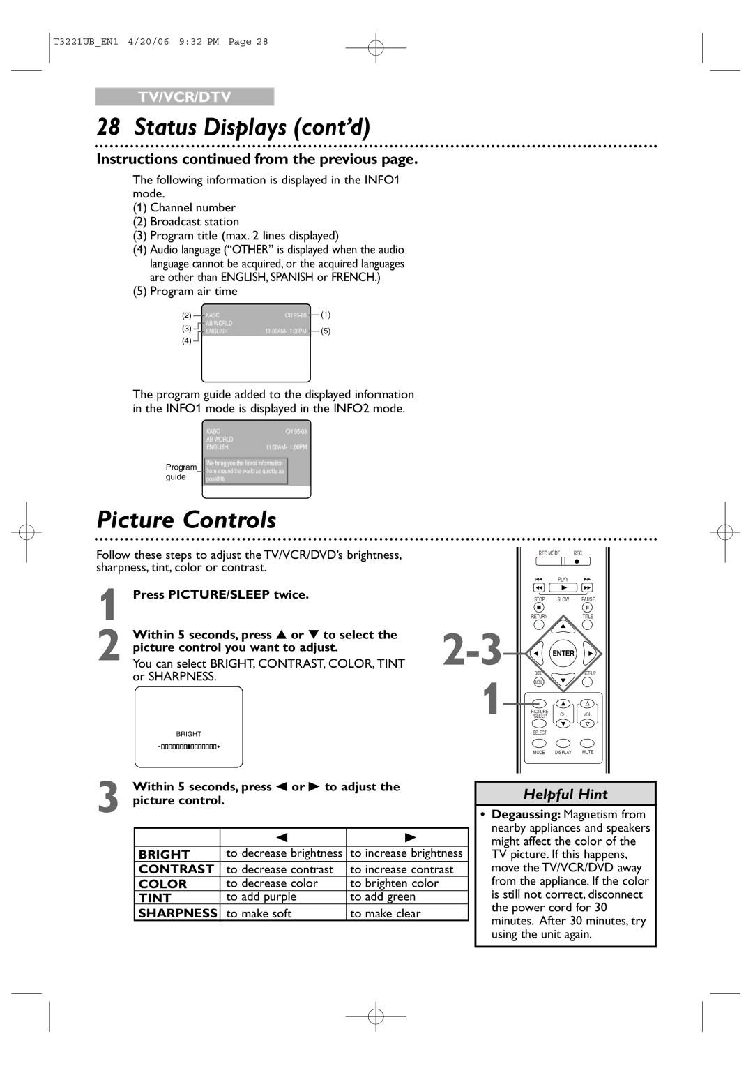 Philips 27PC4326 Status Displays cont’d, Picture Controls, Within 5 seconds, press s or B to adjust, Picture control 