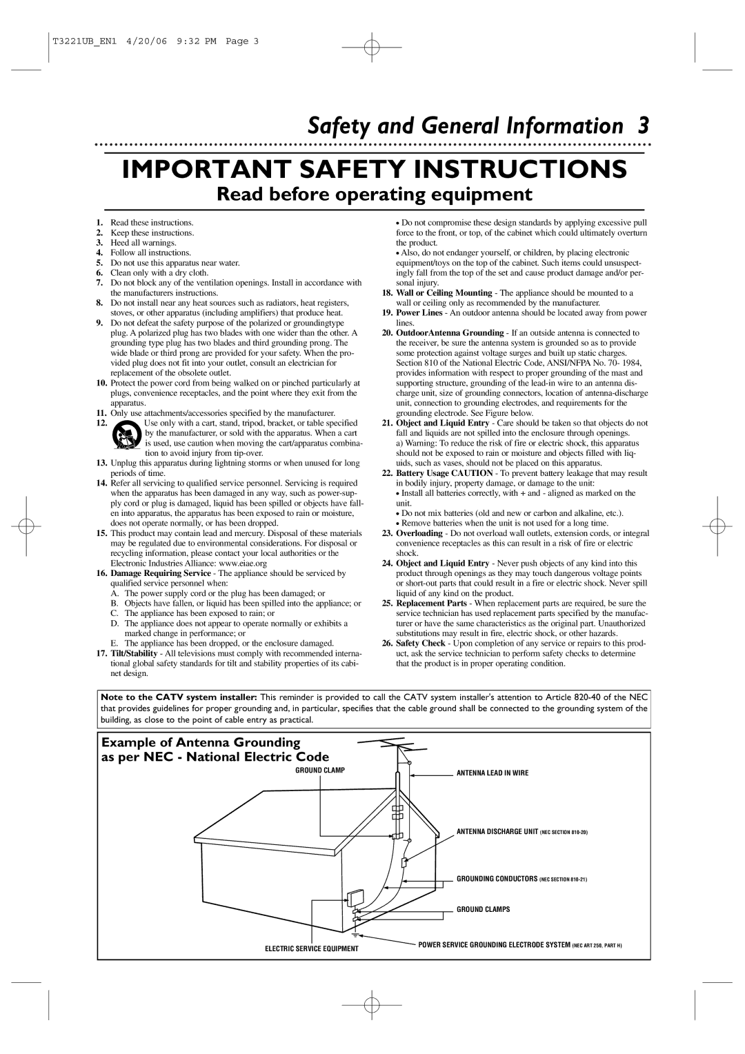 Philips 27PC4326 user manual Important Safety Instructions, Safety and General Information 