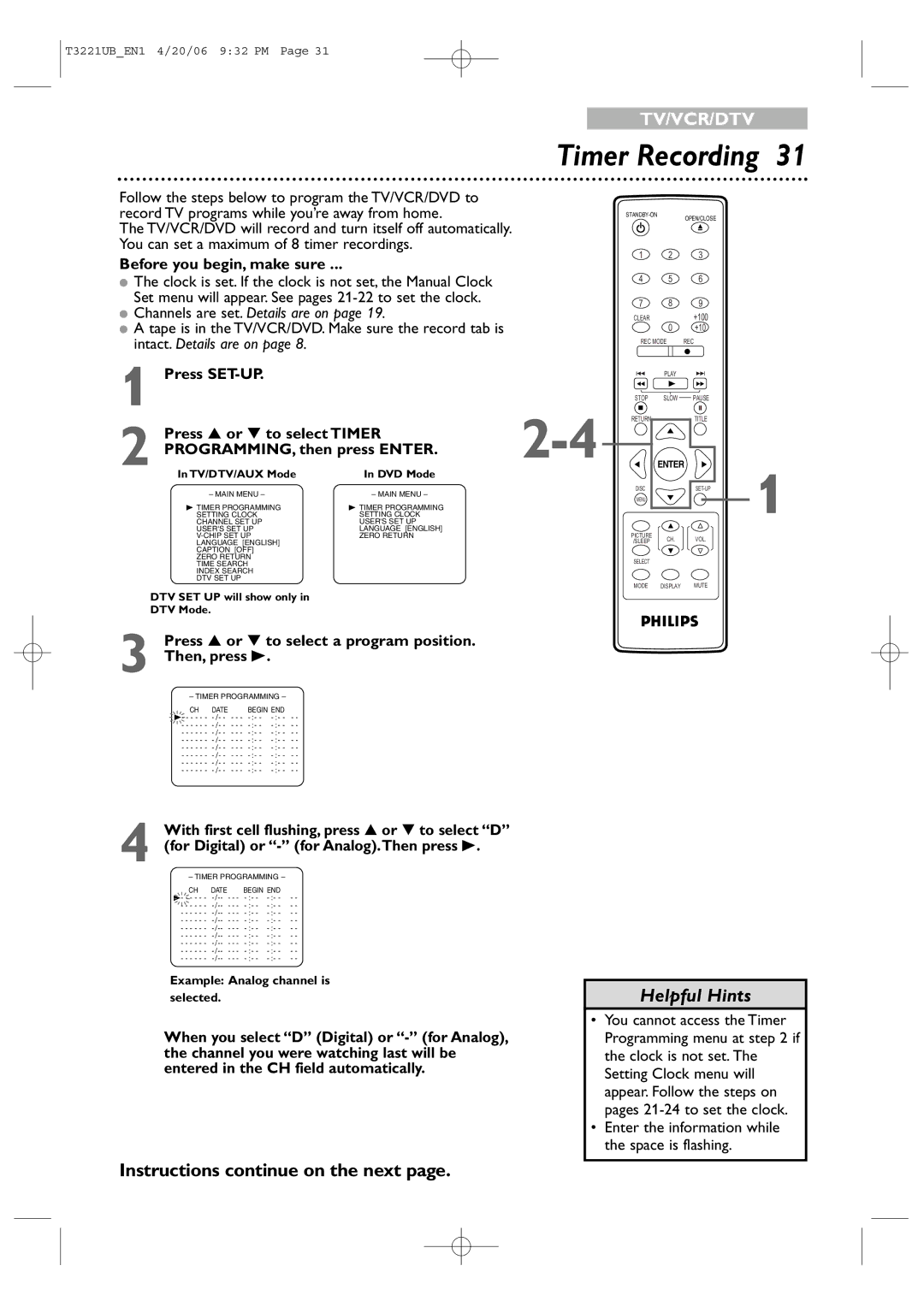 Philips 27PC4326 Timer Recording, Before you begin, make sure, Press or to select Timer PROGRAMMING, then press Enter 