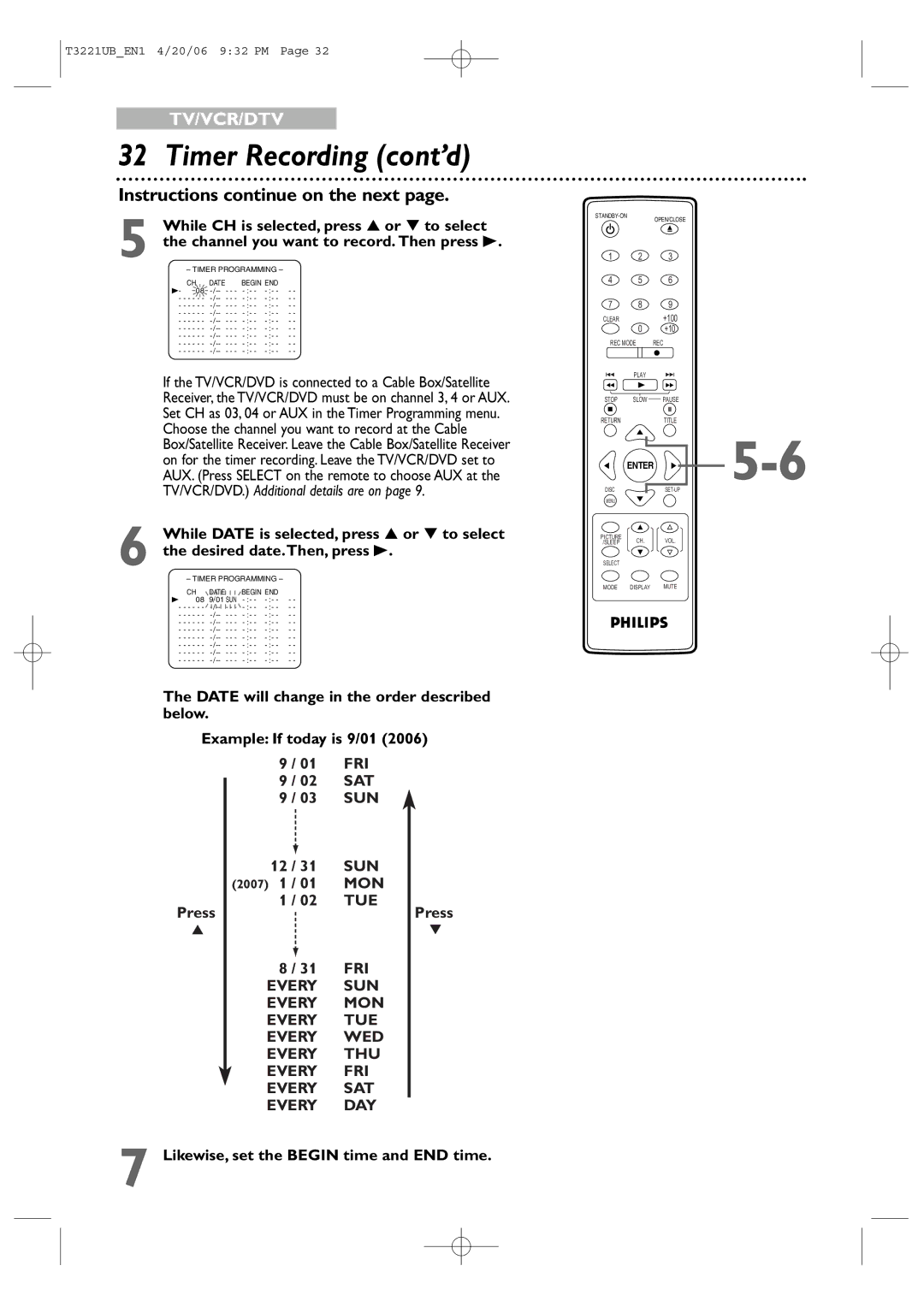 Philips 27PC4326 user manual Timer Recording cont’d, While CH is selected, press or to select 