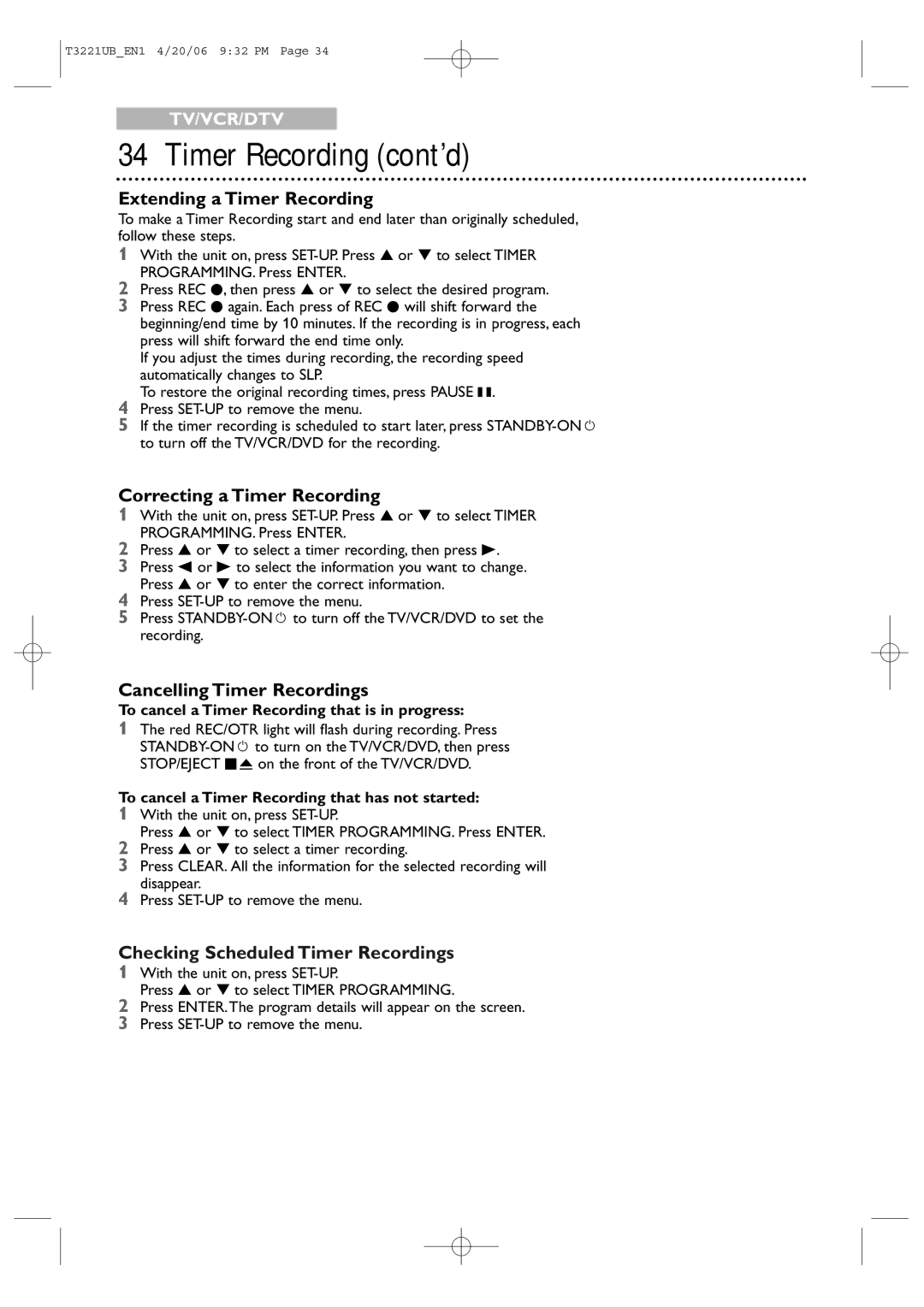 Philips 27PC4326 user manual Extending a Timer Recording, Correcting a Timer Recording, Cancelling Timer Recordings 