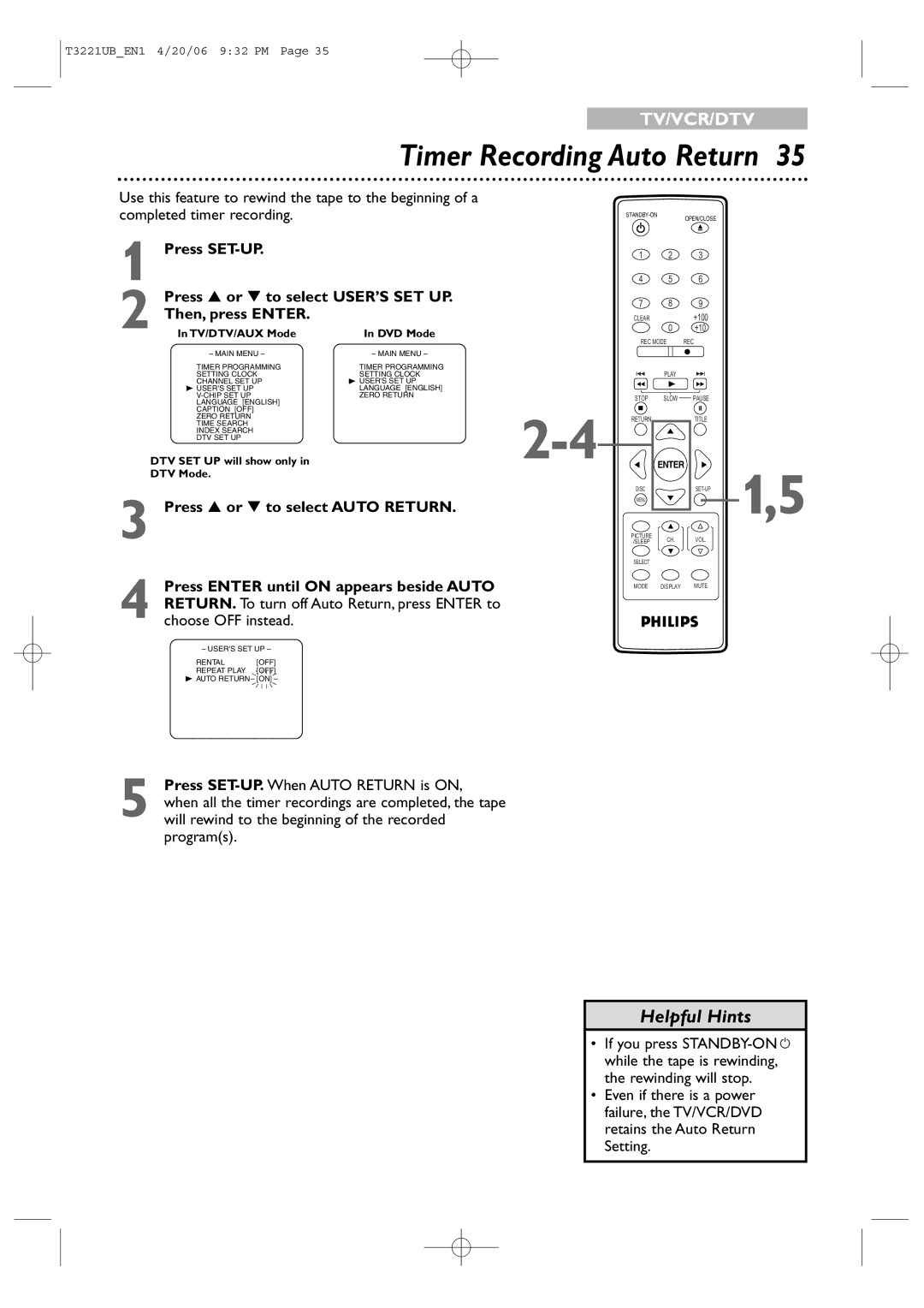 Philips 27PC4326 Timer Recording Auto Return, Press or to select Auto Return, Press Enter until on appears beside Auto 