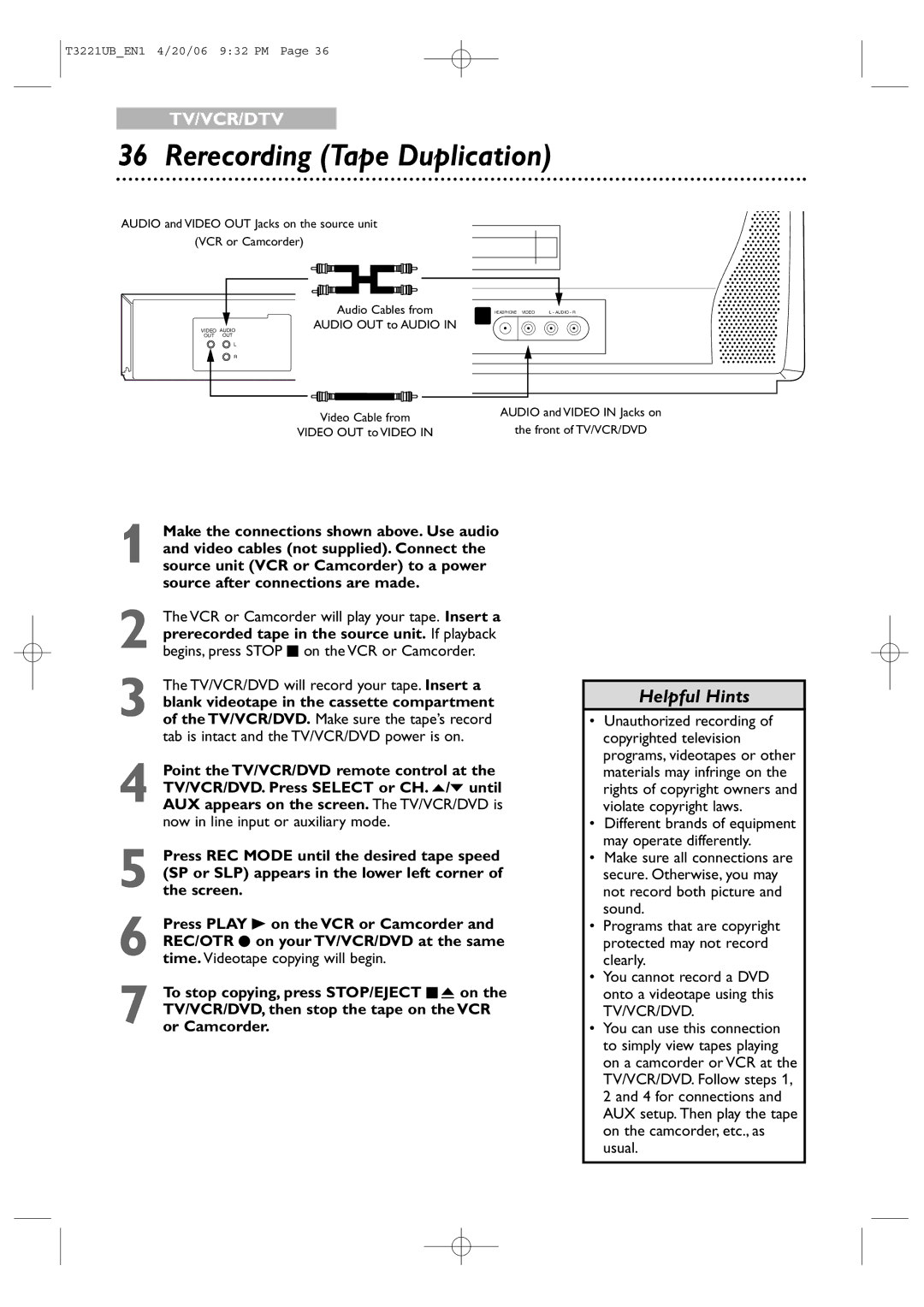 Philips 27PC4326 user manual Rerecording Tape Duplication, Video OUT to Video 