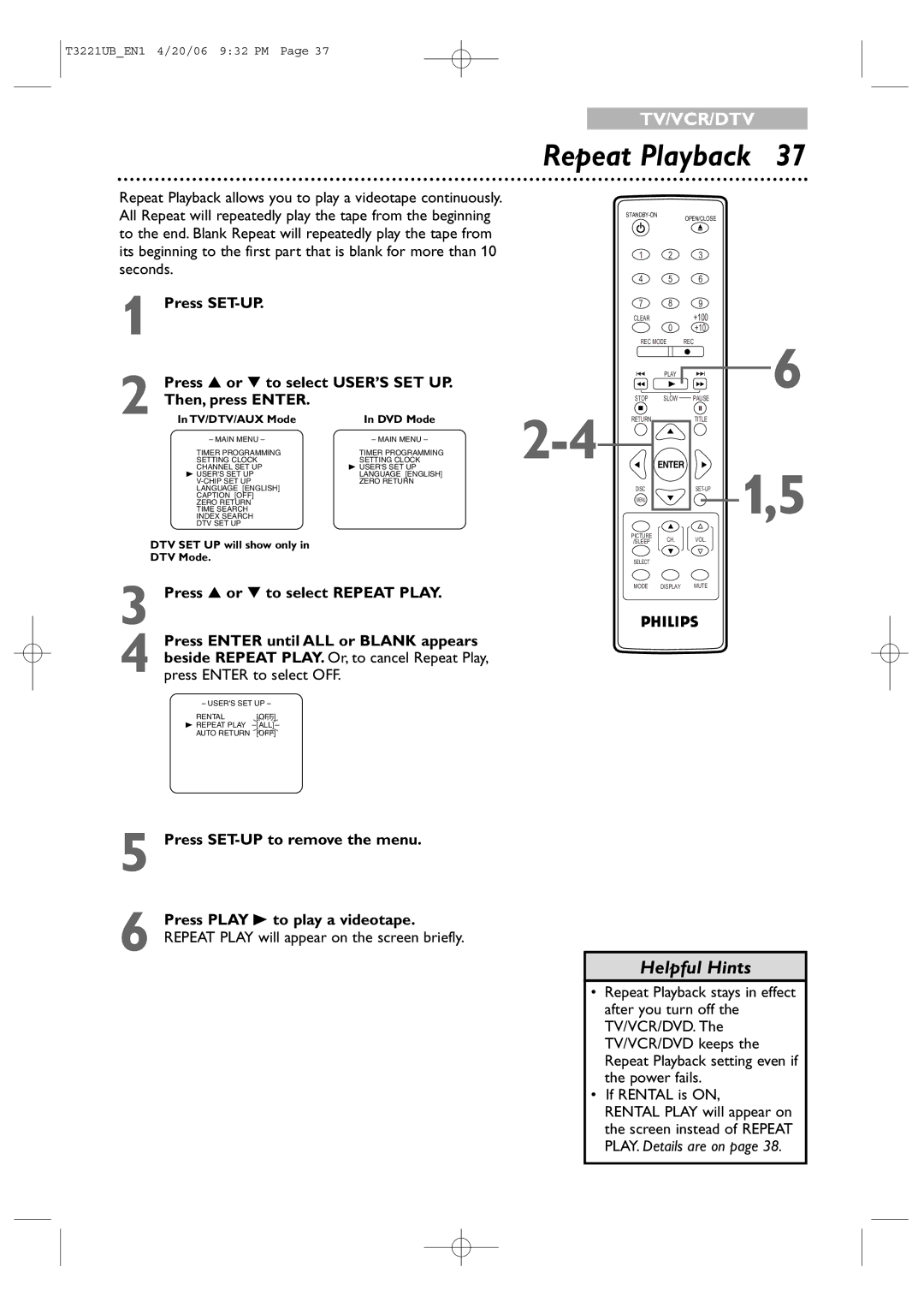 Philips 27PC4326 user manual Repeat Playback, Press Enter to select OFF 