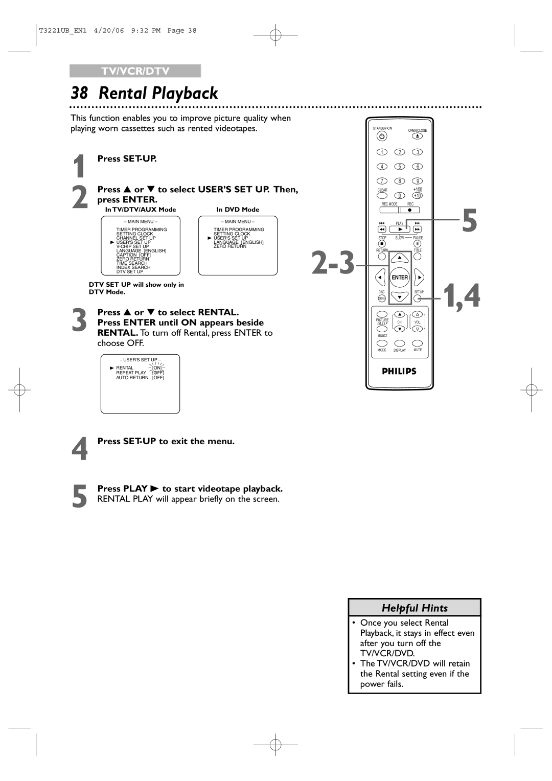 Philips 27PC4326 user manual Rental Playback, Press or to select Rental, Press Enter until on appears beside 