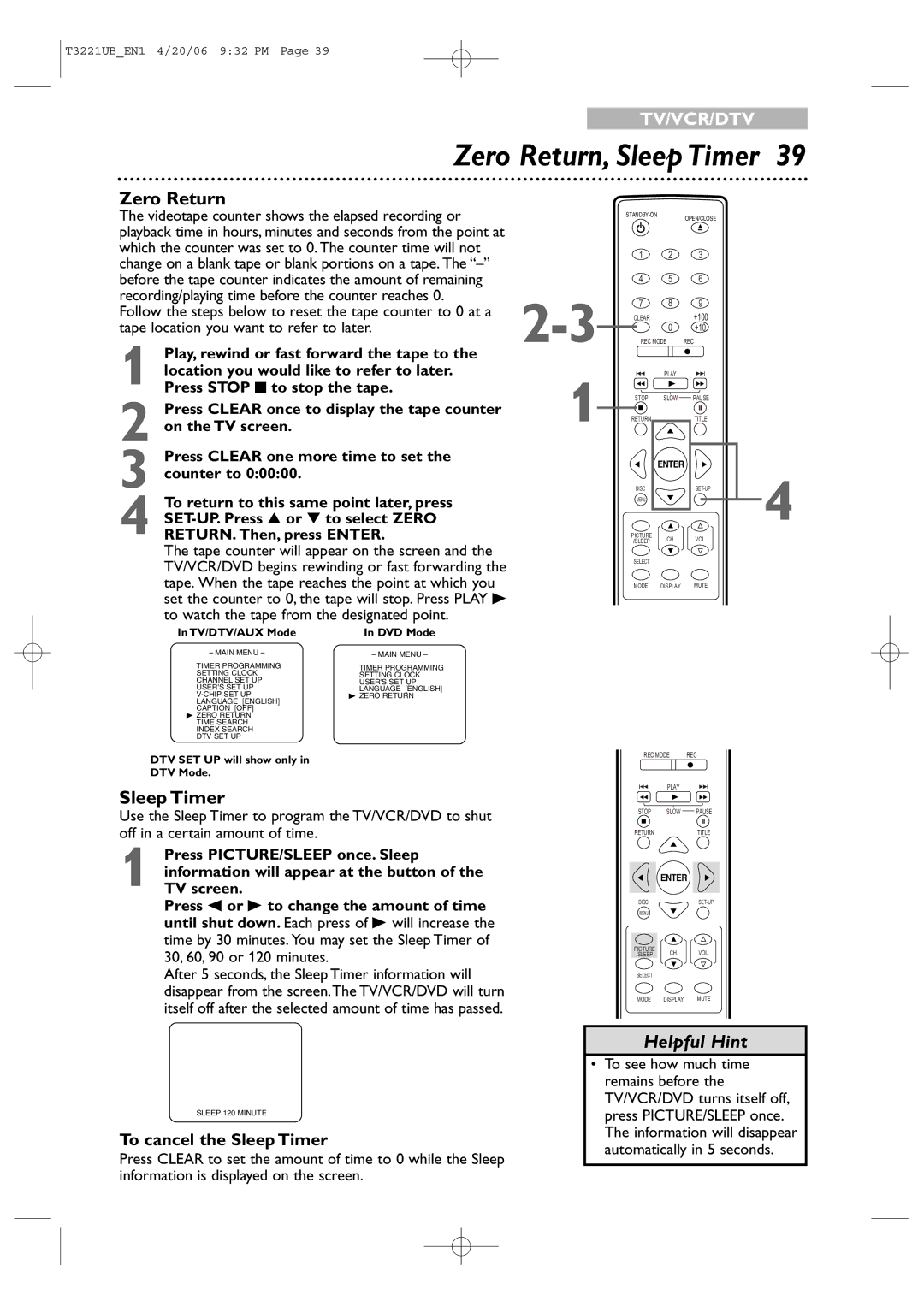 Philips 27PC4326 user manual Zero Return, Sleep Timer, Press PICTURE/SLEEP once. Sleep, Will appear at the button 