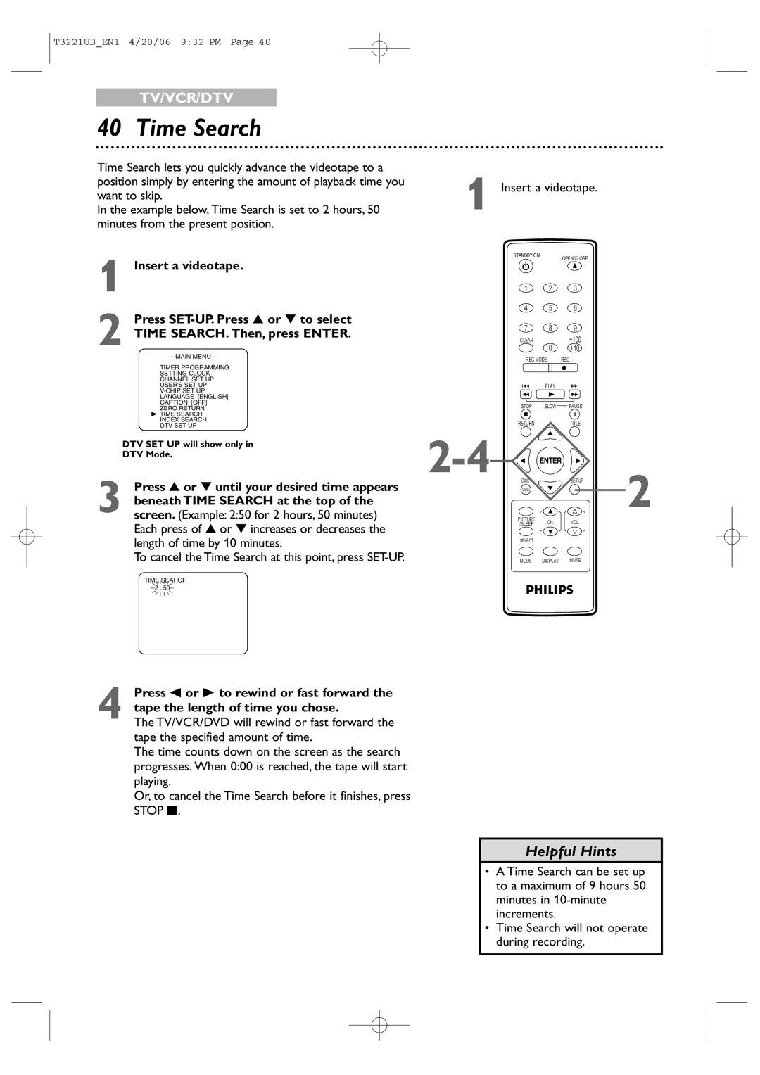 Philips 27PC4326 user manual Time Search, Length of time by 10 minutes, Insert a videotape 