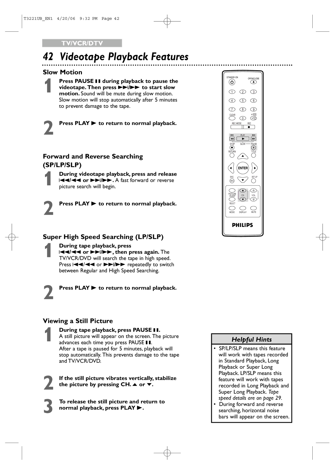 Philips 27PC4326 user manual Videotape Playback Features, Slow Motion, Forward and Reverse Searching SP/LP/SLP 