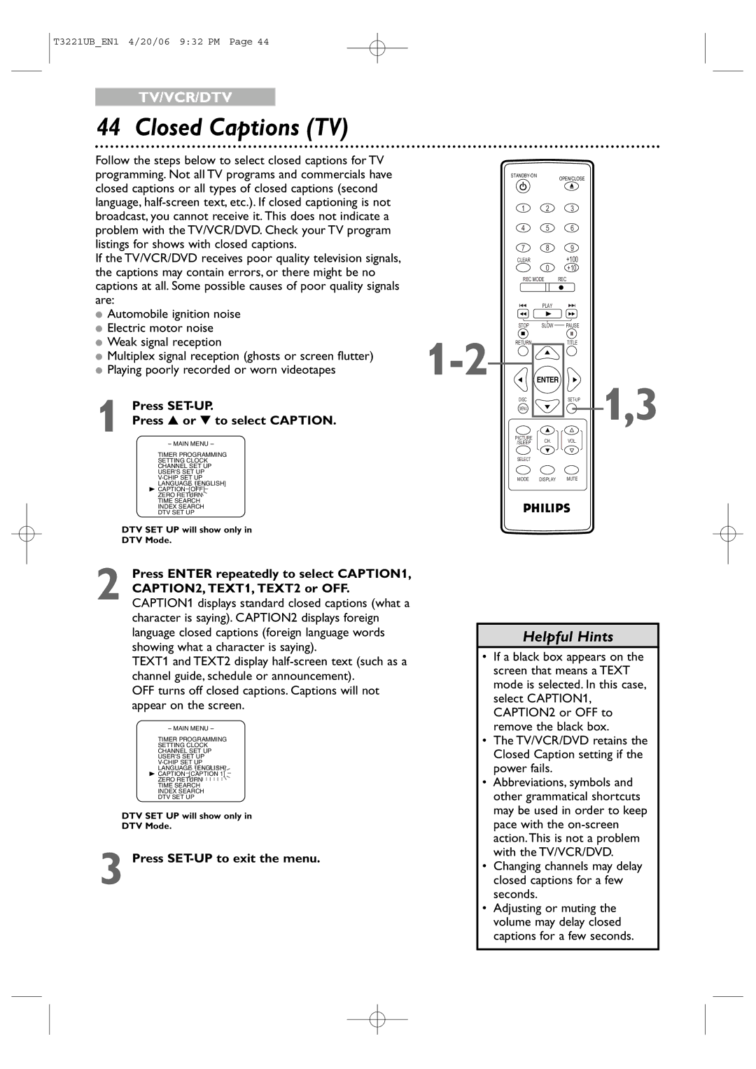 Philips 27PC4326 user manual Closed Captions TV, Press or to select Caption 