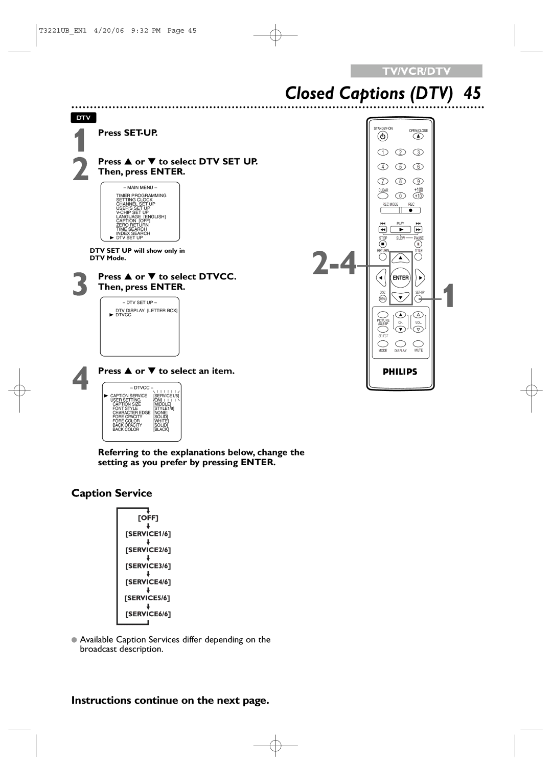 Philips 27PC4326 user manual Closed Captions DTV, Caption Service, Press or to select Dtvcc Then, press Enter 