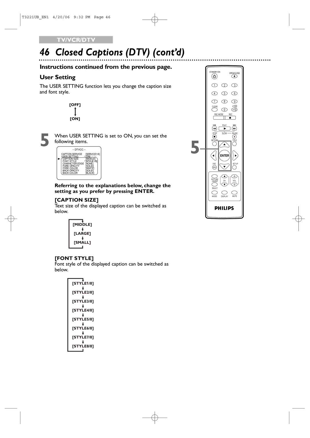 Philips 27PC4326 user manual Closed Captions DTV cont’d, When User Setting is set to ON, you can set, Following items 