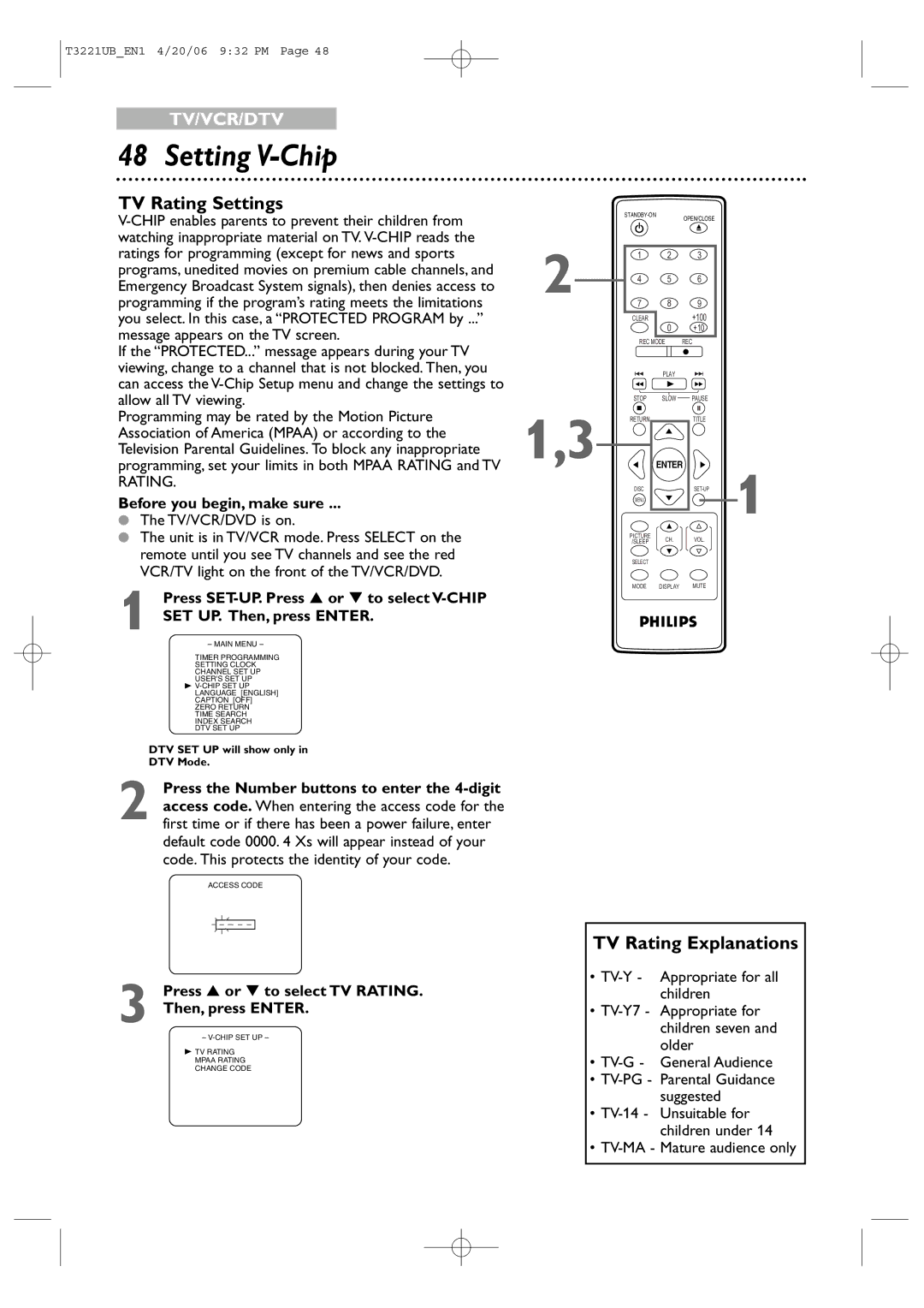 Philips 27PC4326 user manual Setting V-Chip, TV Rating Settings, TV Rating Explanations, TV/VCR/DVD is on 