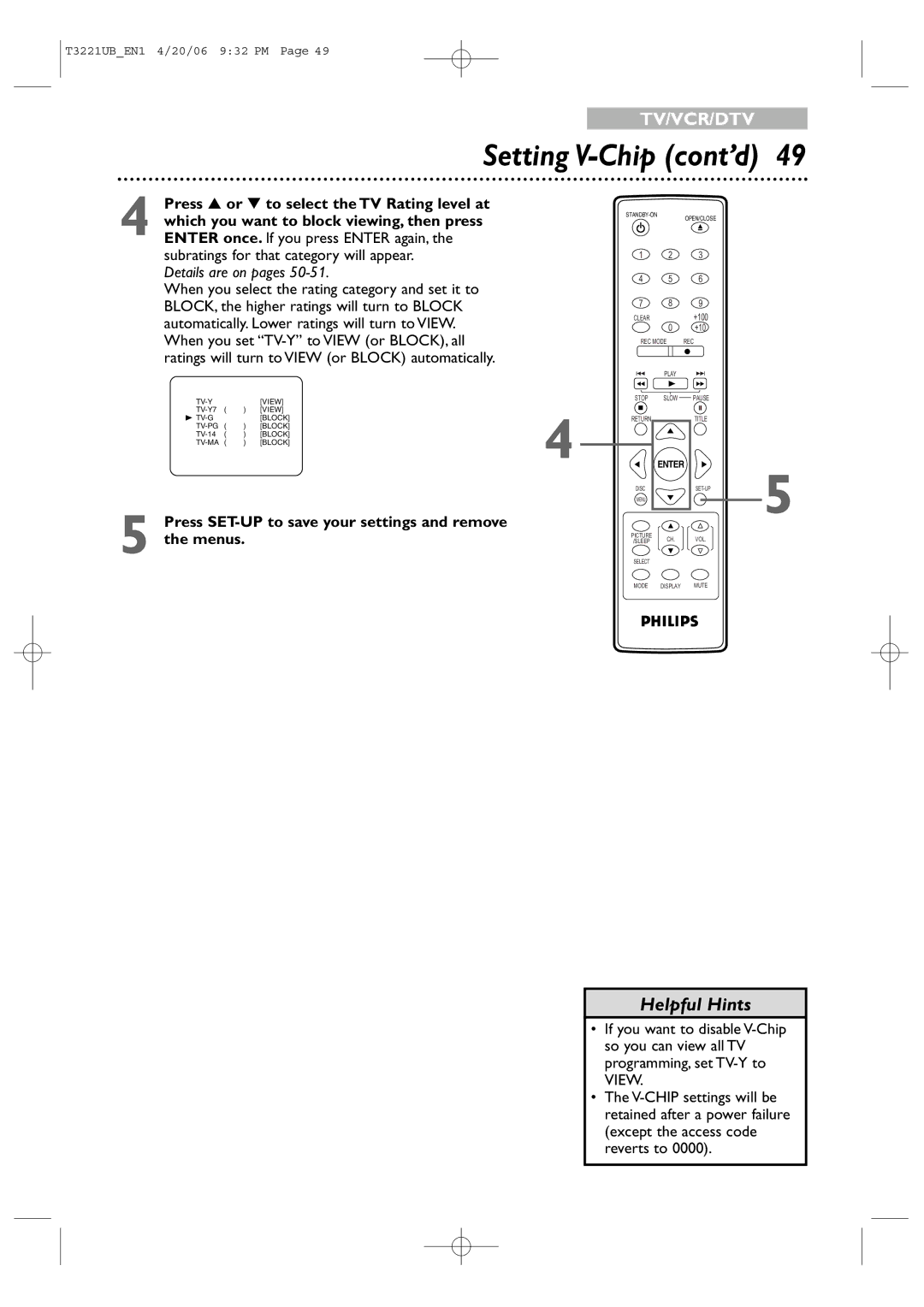 Philips 27PC4326 user manual Setting V-Chip cont’d, Press SET-UP to save your settings and remove Menus 