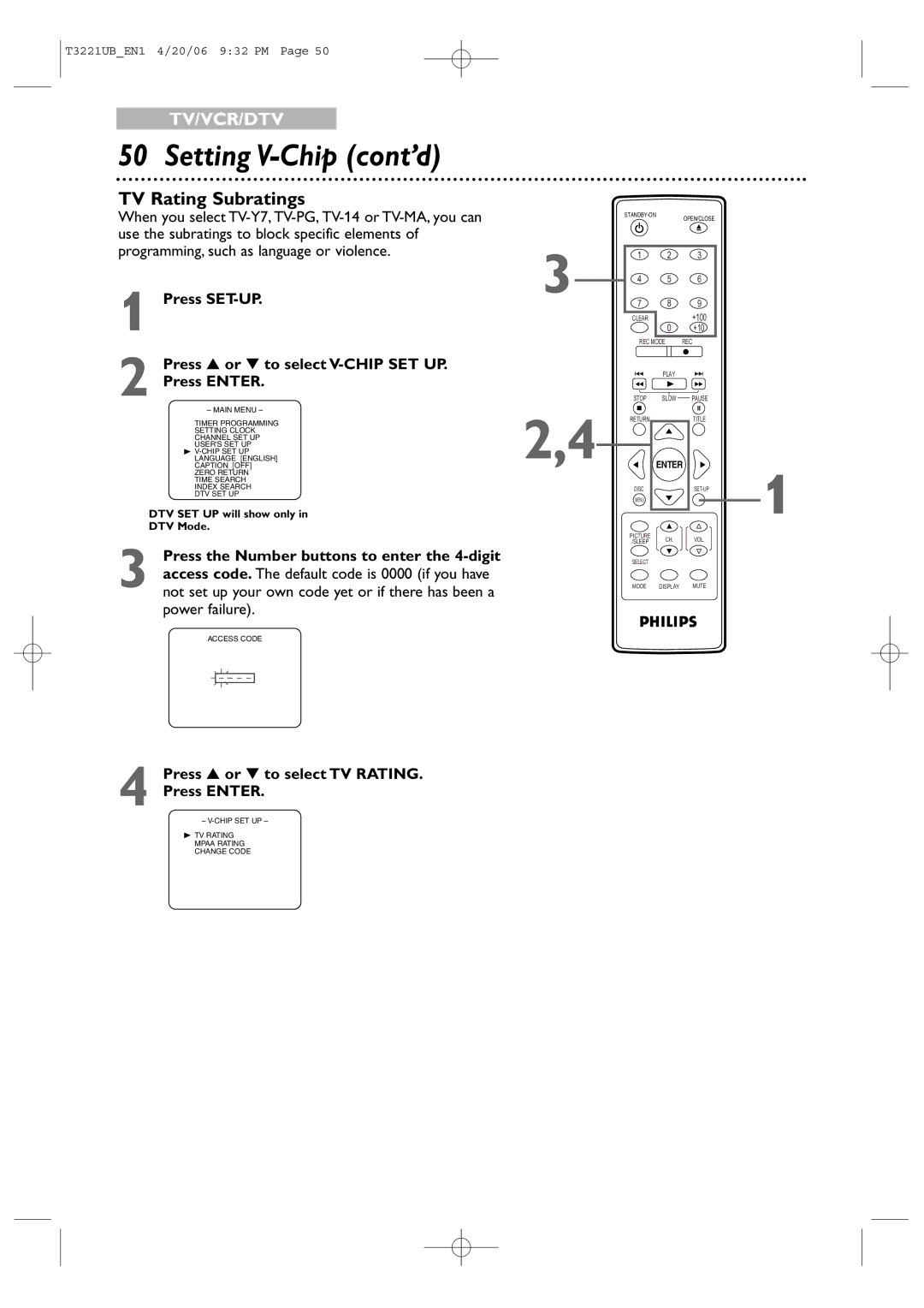 Philips 27PC4326 TV Rating Subratings, Press or to select V-CHIP SET UP, Press or to select TV Rating Press Enter 